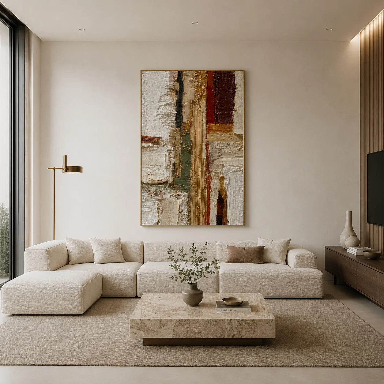 Ivory Gold and Burgundy Geometric Textured Abstract Oil Painting – Vertical Wabi-Sabi Luxury Wall Art | Ownanart # OA 1204