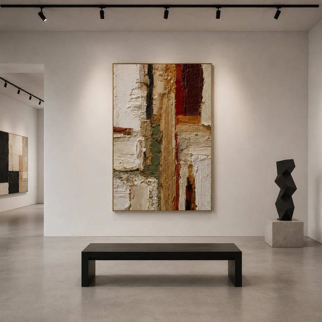 Ivory Gold and Burgundy Geometric Textured Abstract Oil Painting – Vertical Wabi-Sabi Luxury Wall Art | Ownanart # OA 1204