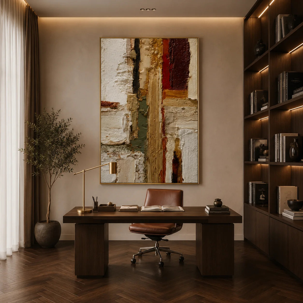 Ivory Gold and Burgundy Geometric Textured Abstract Oil Painting – Vertical Wabi-Sabi Luxury Wall Art | Ownanart # OA 1204