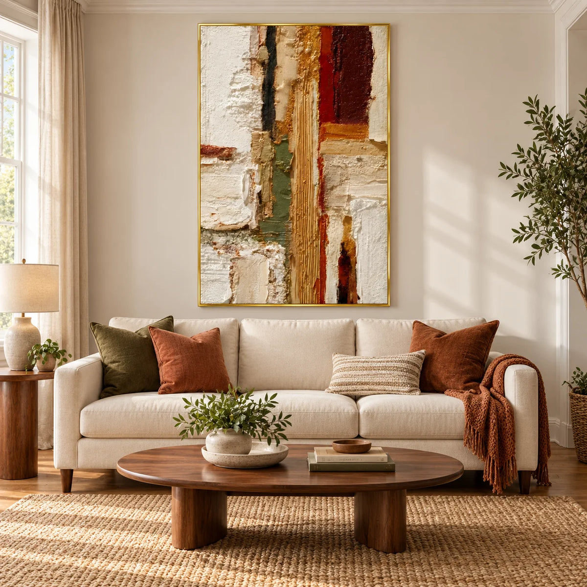 Ivory Gold and Burgundy Geometric Textured Abstract Oil Painting – Vertical Wabi-Sabi Luxury Wall Art Ownanart OA 1204