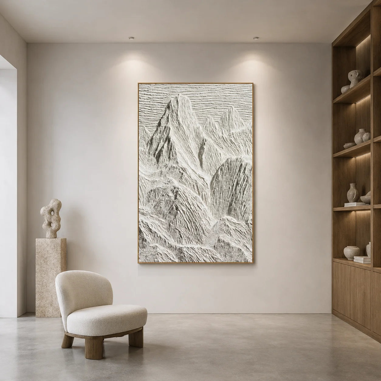 Ivory White Mountain Relief Textured Oil Painting – Vertical Minimalist Wabi-Sabi Landscape Wall Art | Ownanart # OA 1203