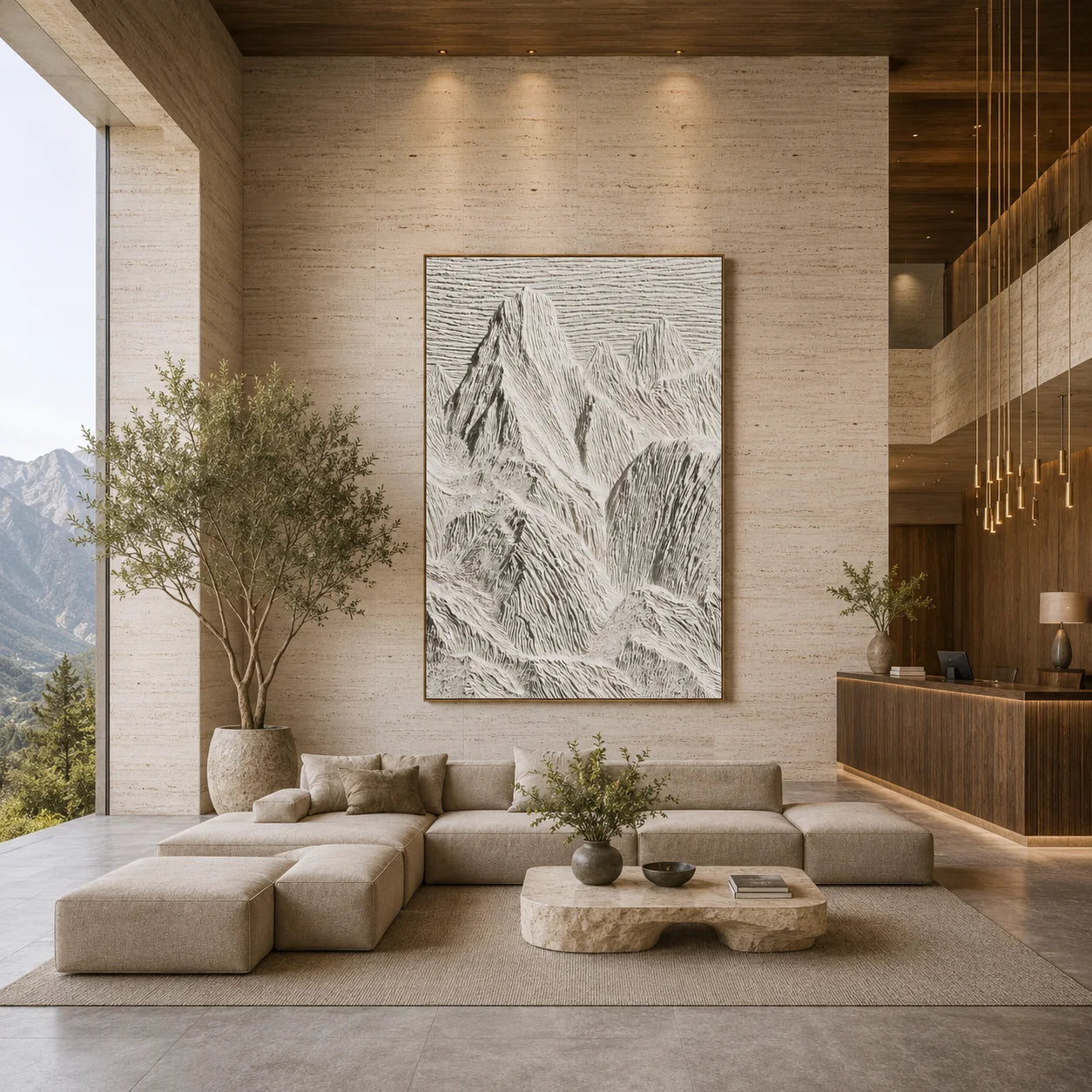 Ivory White Mountain Relief Textured Oil Painting – Vertical Minimalist Wabi-Sabi Landscape Wall Art | Ownanart # OA 1203