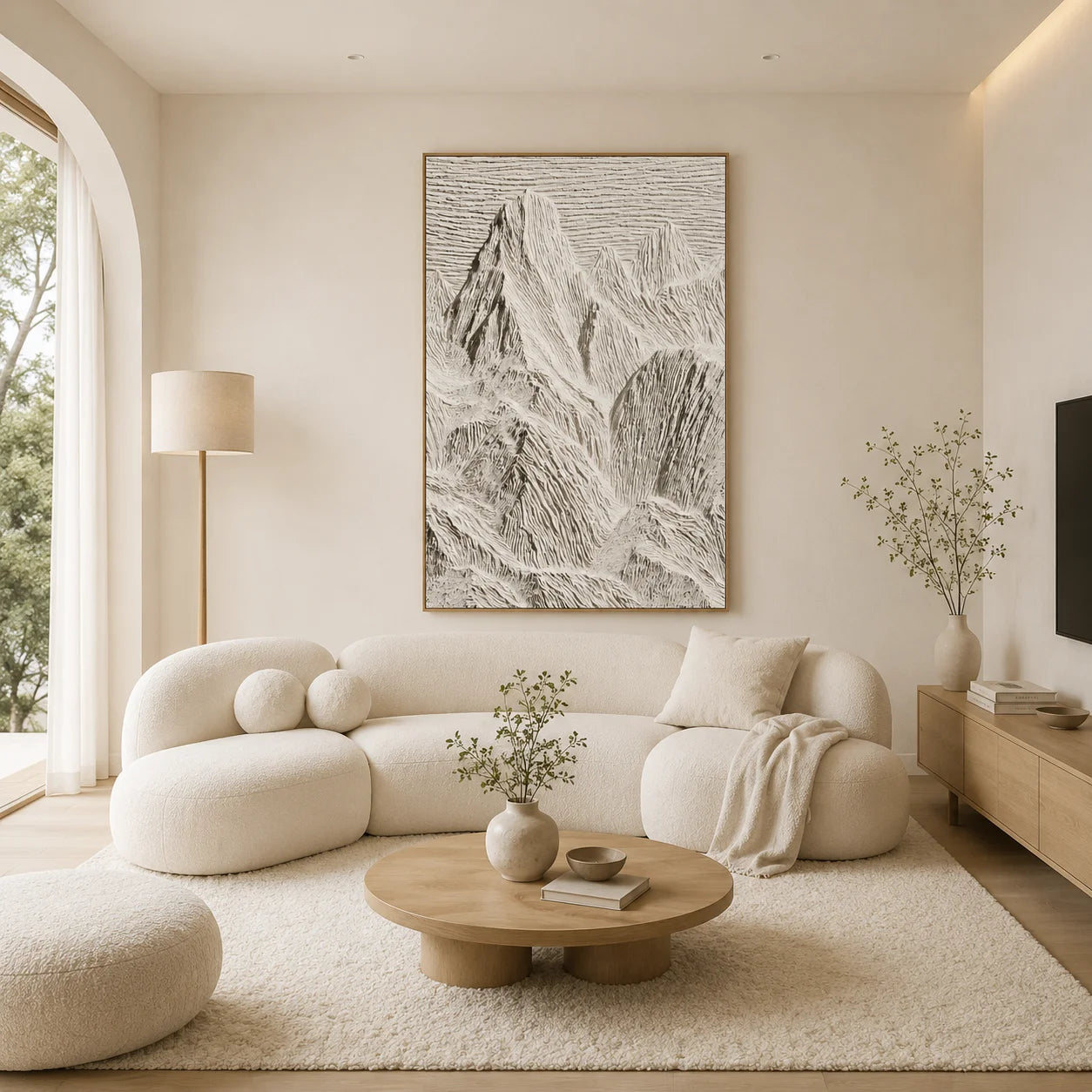 Ivory White Mountain Relief Textured Oil Painting – Vertical Minimalist Wabi-Sabi Landscape Wall Art | Ownanart # OA 1203