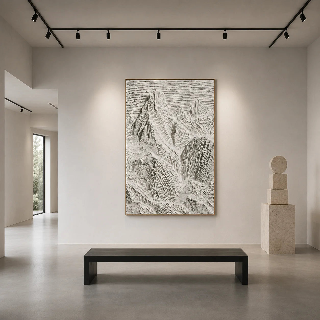 Ivory White Mountain Relief Textured Oil Painting – Vertical Minimalist Wabi-Sabi Landscape Wall Art | Ownanart # OA 1203