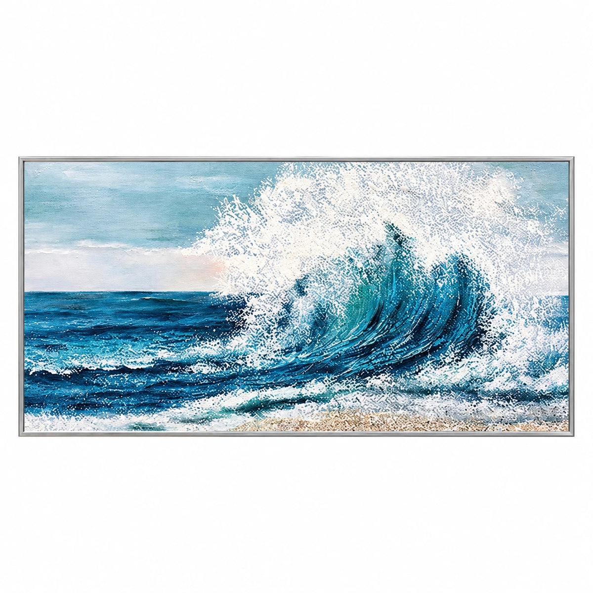 Large Blue Ocean Wave Oil Painting | Turquoise Surf and White Sea Spray Horizontal Coastal Canvas Wall Art #OA 1809
