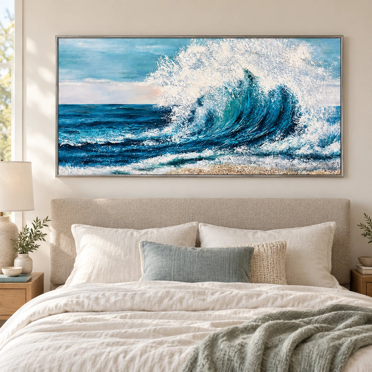 Large Blue Ocean Wave Oil Painting | Turquoise Surf and White Sea Spray Horizontal Coastal Canvas Wall Art #OA 1809