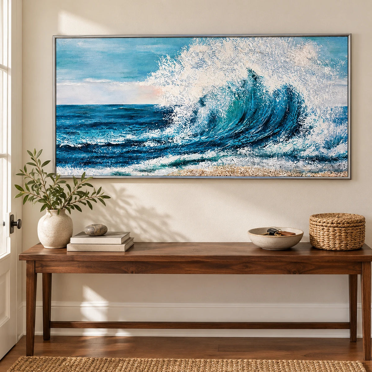 Large Blue Ocean Wave Oil Painting | Turquoise Surf and White Sea Spray Horizontal Coastal Canvas Wall Art #OA 1809