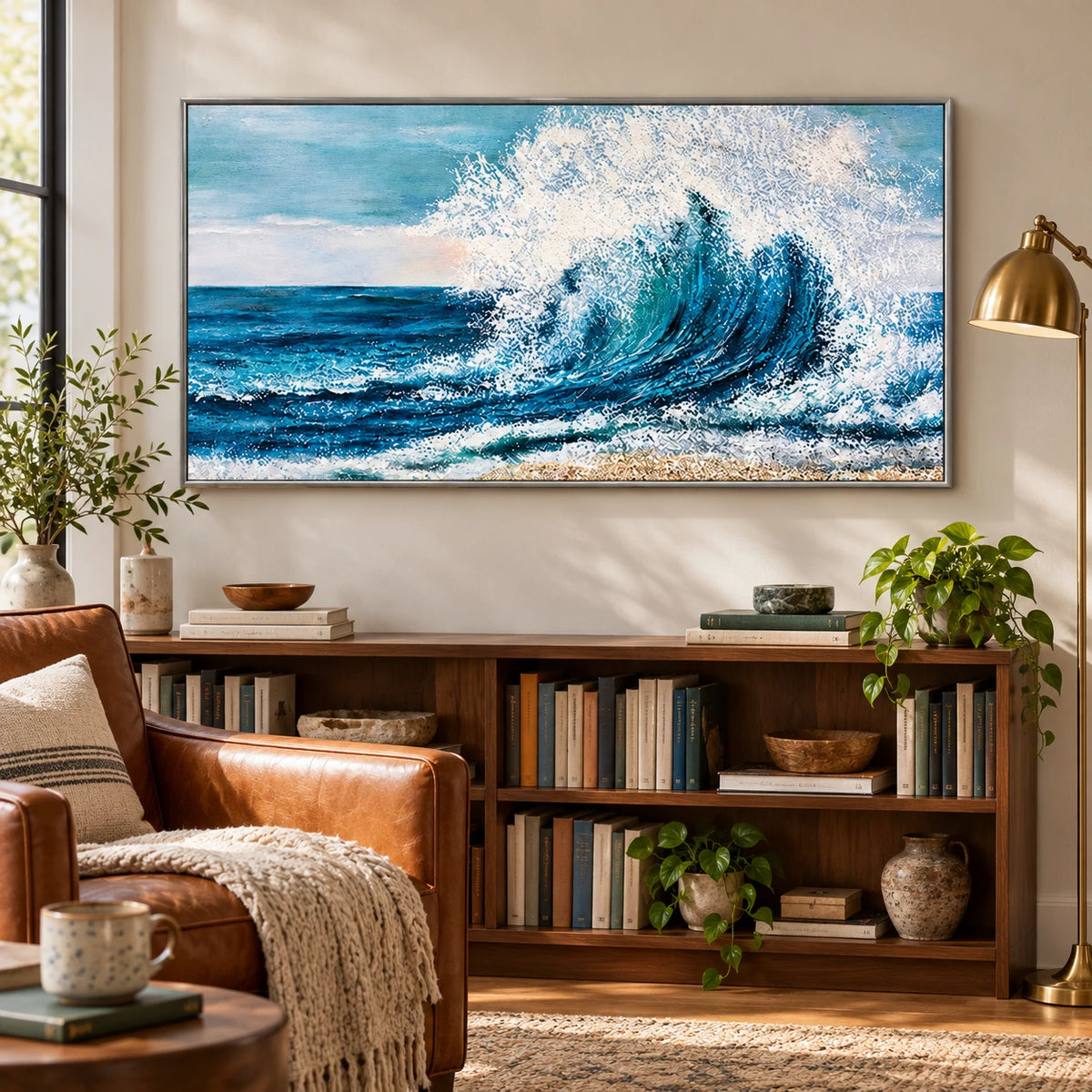 Large Blue Ocean Wave Oil Painting | Turquoise Surf and White Sea Spray Horizontal Coastal Canvas Wall Art #OA 1809