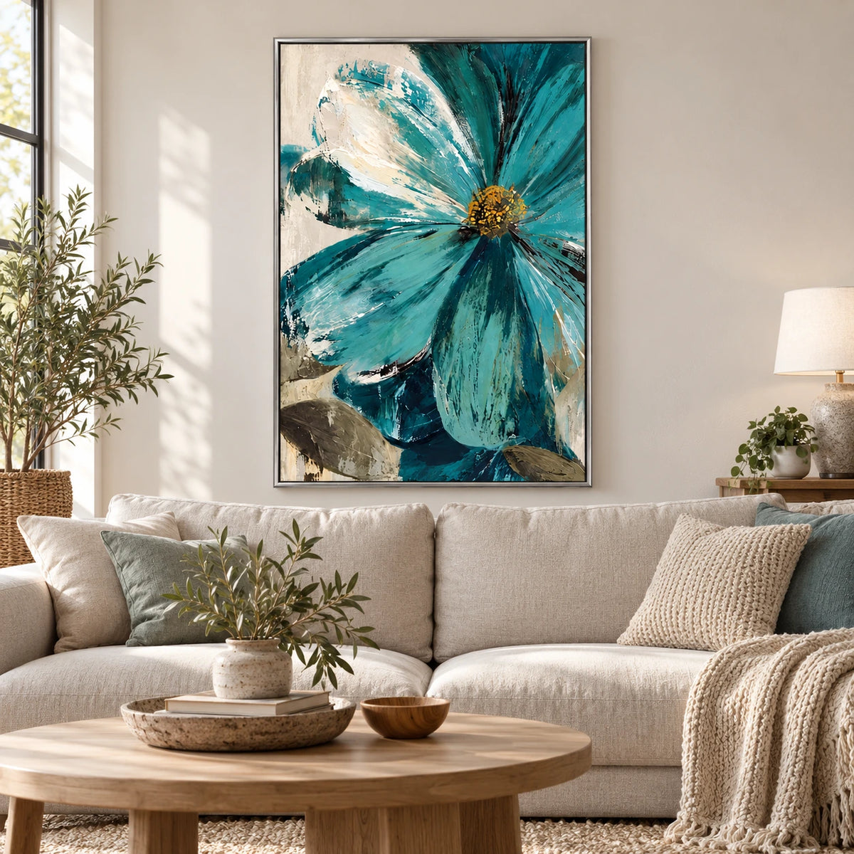 Large Teal Flower Oil Painting | Cream Petals Gold Center and Olive Leaves Textured Vertical Botanical Wall Art OA 1736