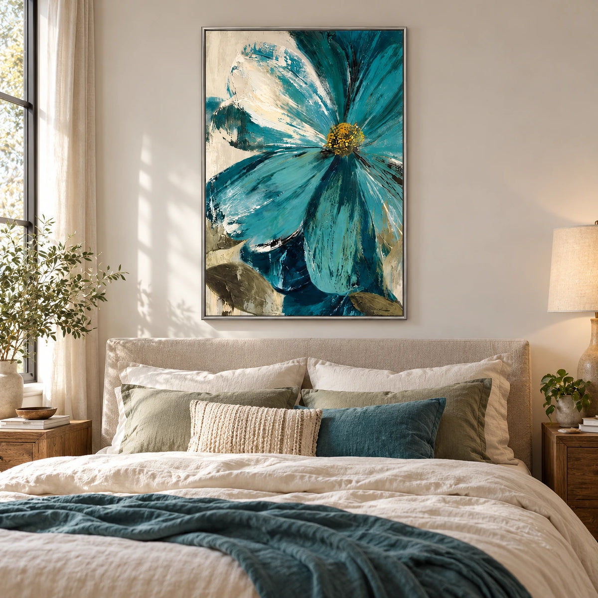 Large Teal Flower Oil Painting | Cream Petals Gold Center and Olive Leaves Textured Vertical Botanical Wall Art OA 1736