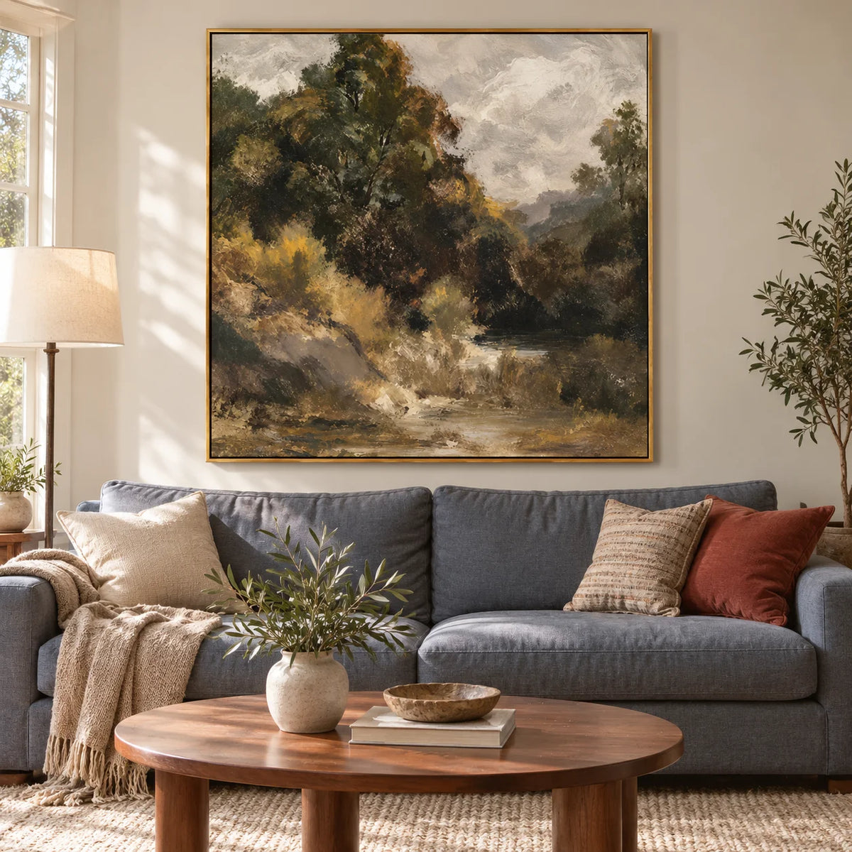 Large Abstract Forest Landscape Wall Art – Rustic Nature Oil Painting Canvas for Living Room #OA 0667