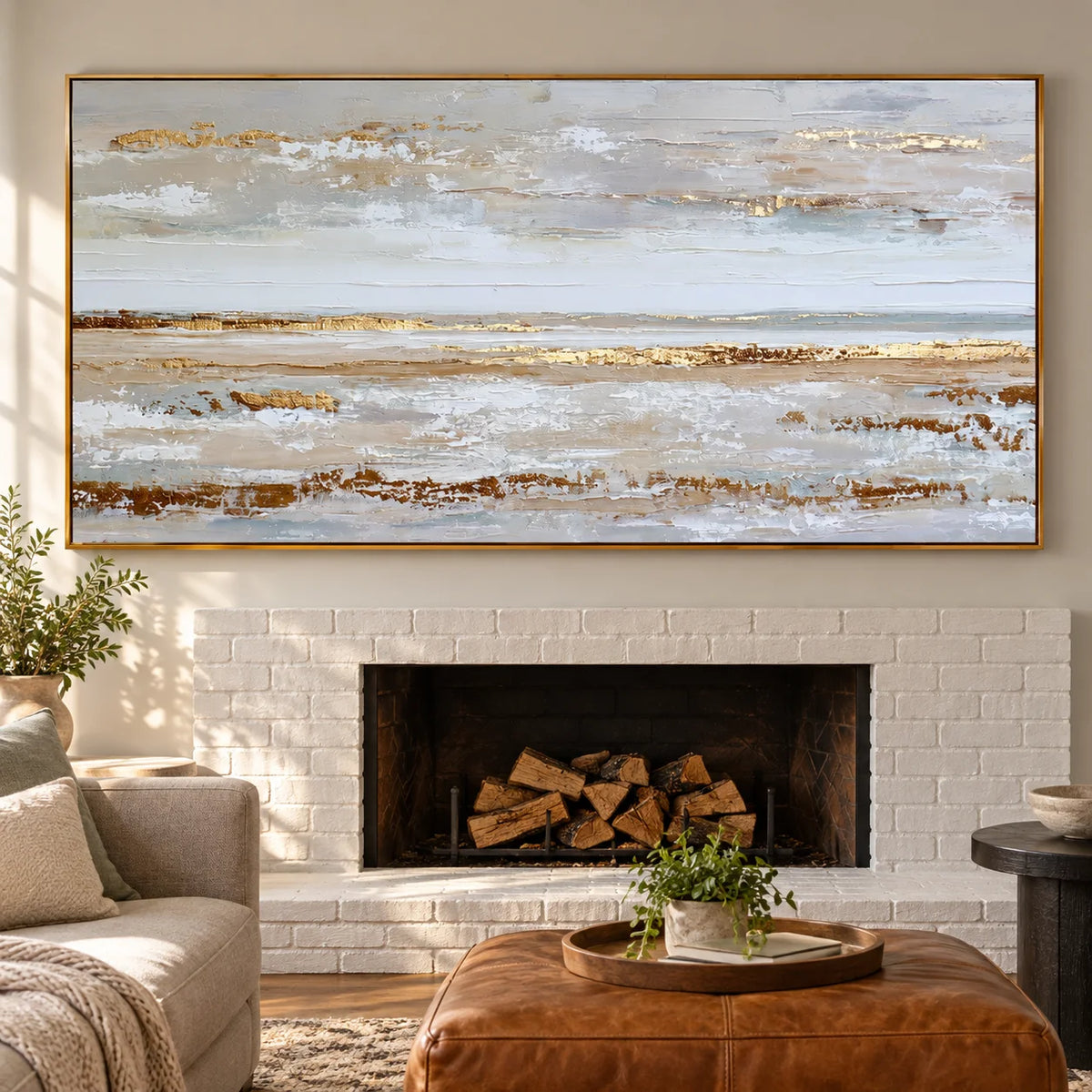 Large Coastal Abstract Canvas Wall Art – Textured Neutral Beige Ocean Landscape Painting for Living Room Decor