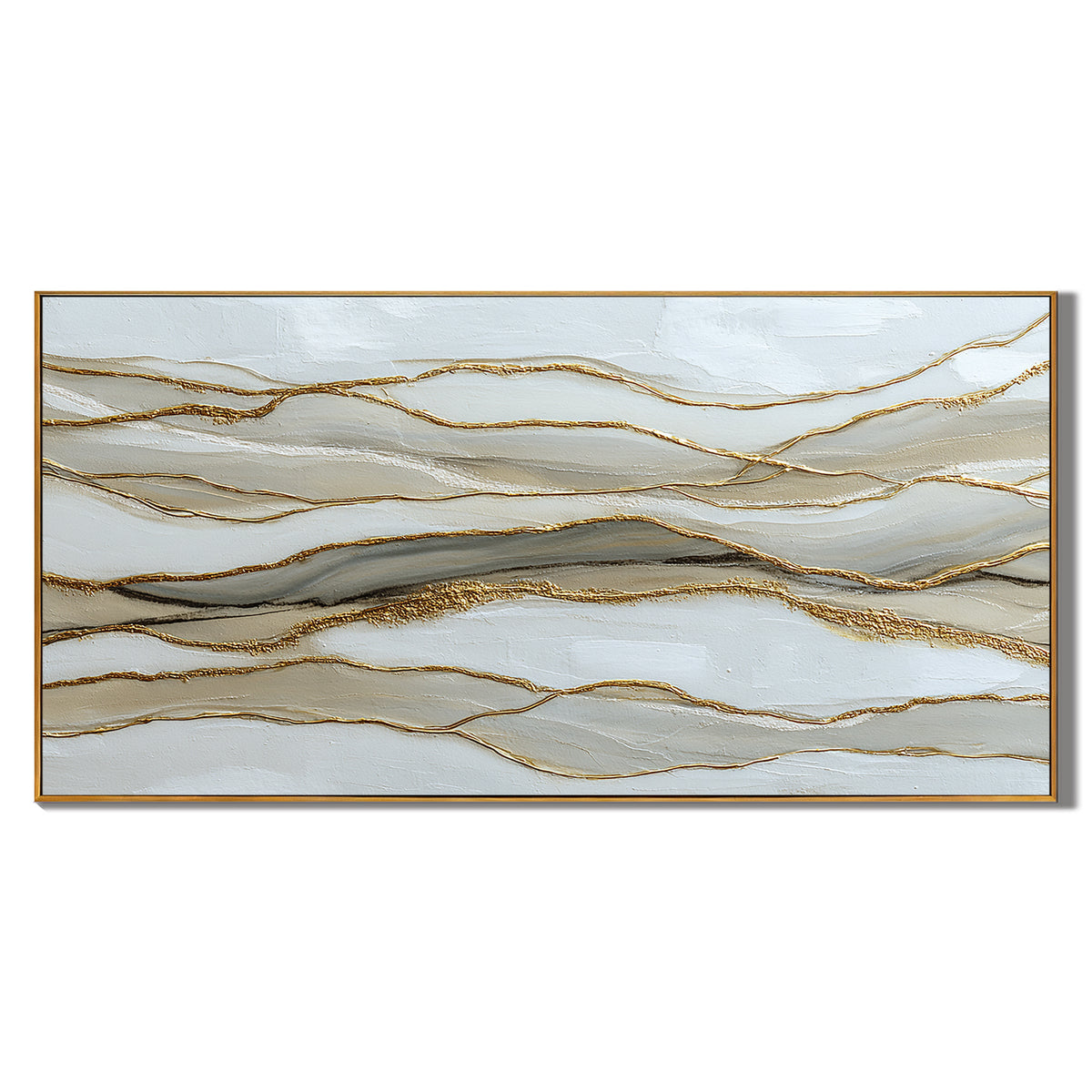 Large Horizontal Abstract Canvas Wall Art – Neutral Beige White and Gold Textured Painting for Modern Living Room Decor