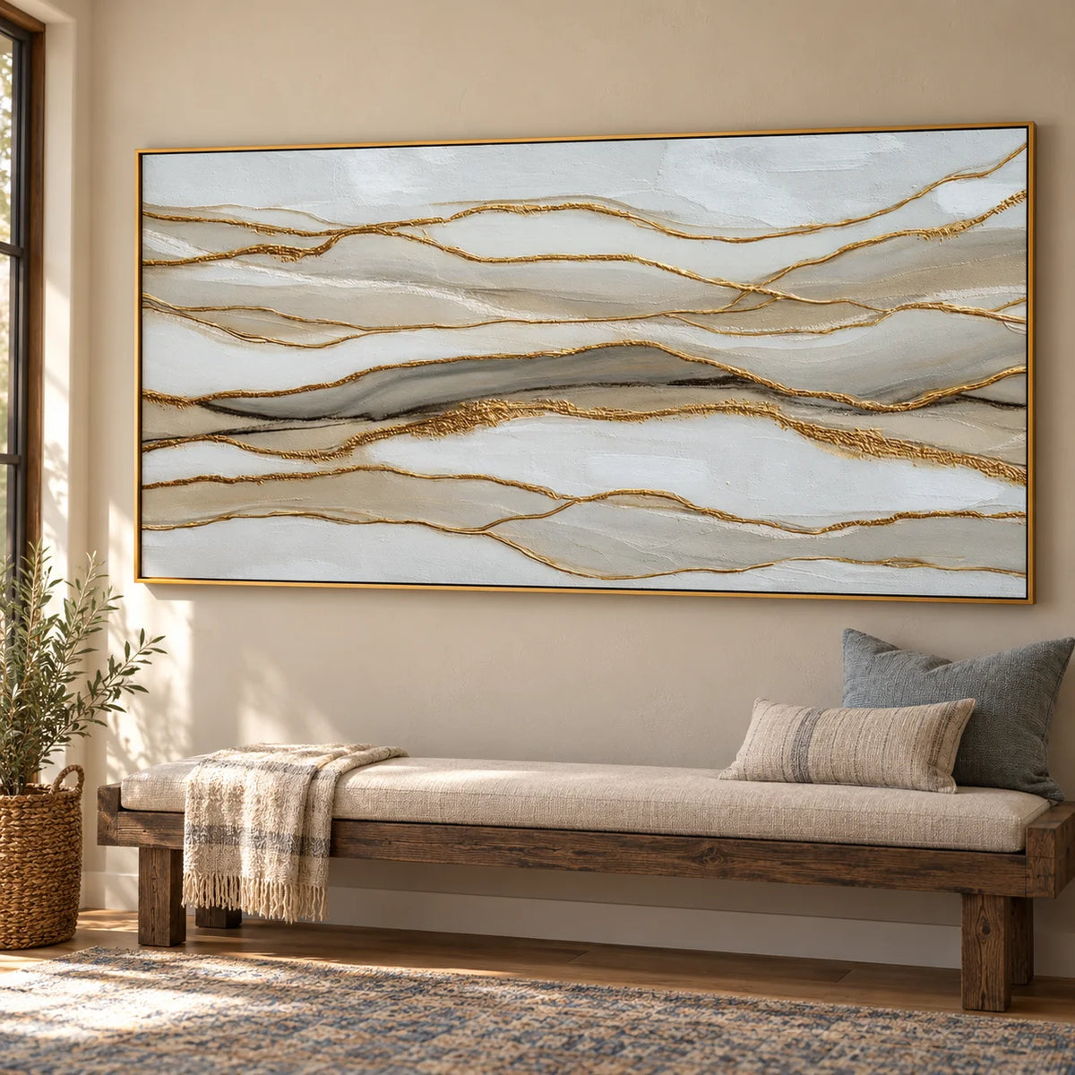 Large Horizontal Abstract Canvas Wall Art – Neutral Beige White and Gold Textured Painting for Modern Living Room Decor