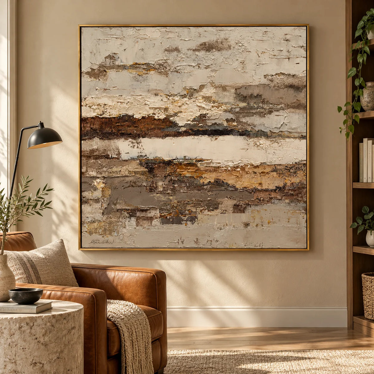 Large Horizontal Neutral Abstract Wall Art – Beige Brown Textured Canvas for Modern Living Room Decor