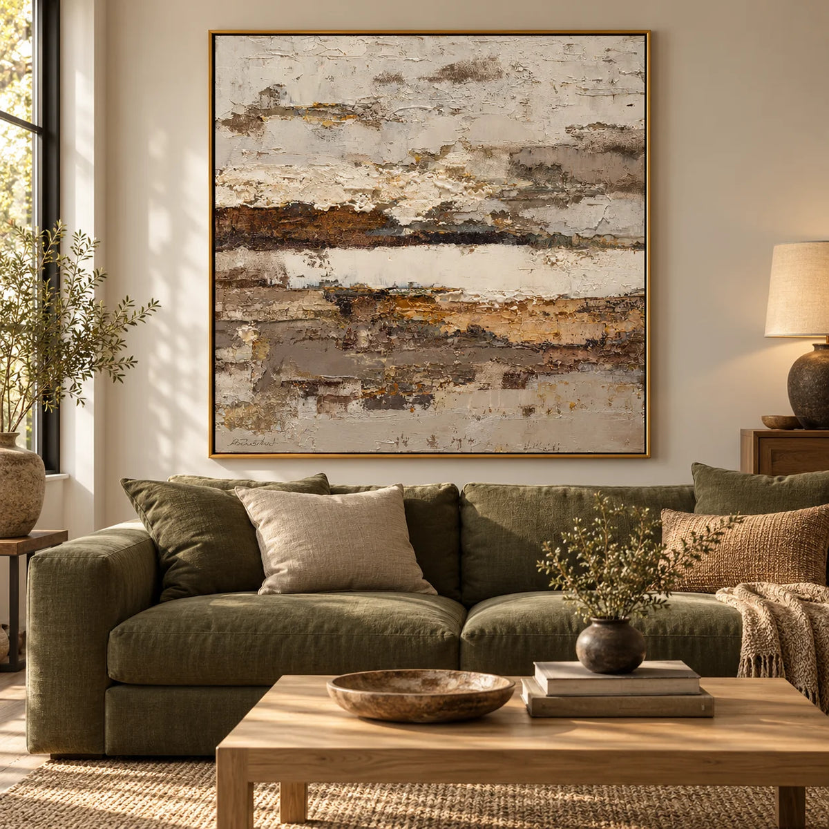 Large Horizontal Neutral Abstract Wall Art – Beige Brown Textured Canvas for Modern Living Room Decor