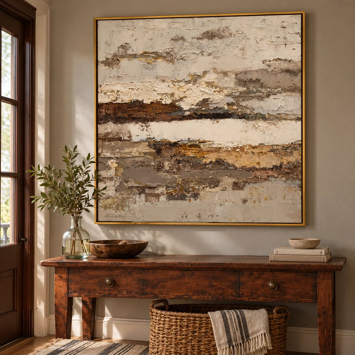 Large Horizontal Neutral Abstract Wall Art – Beige Brown Textured Canvas for Modern Living Room Decor