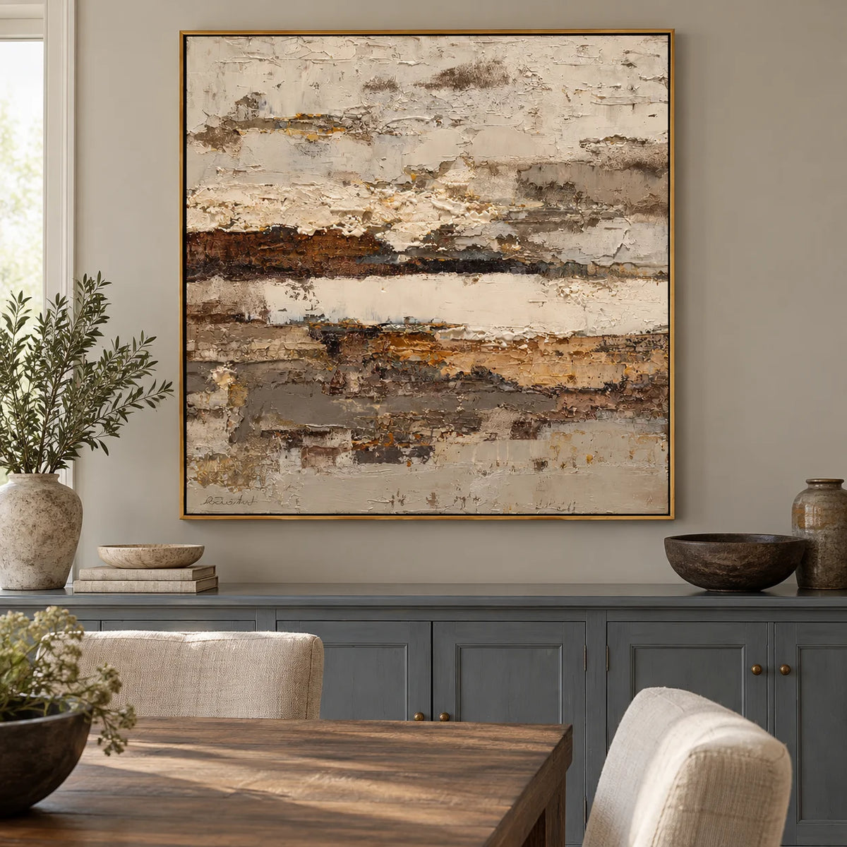 Large Horizontal Neutral Abstract Wall Art – Beige Brown Textured Canvas for Modern Living Room Decor