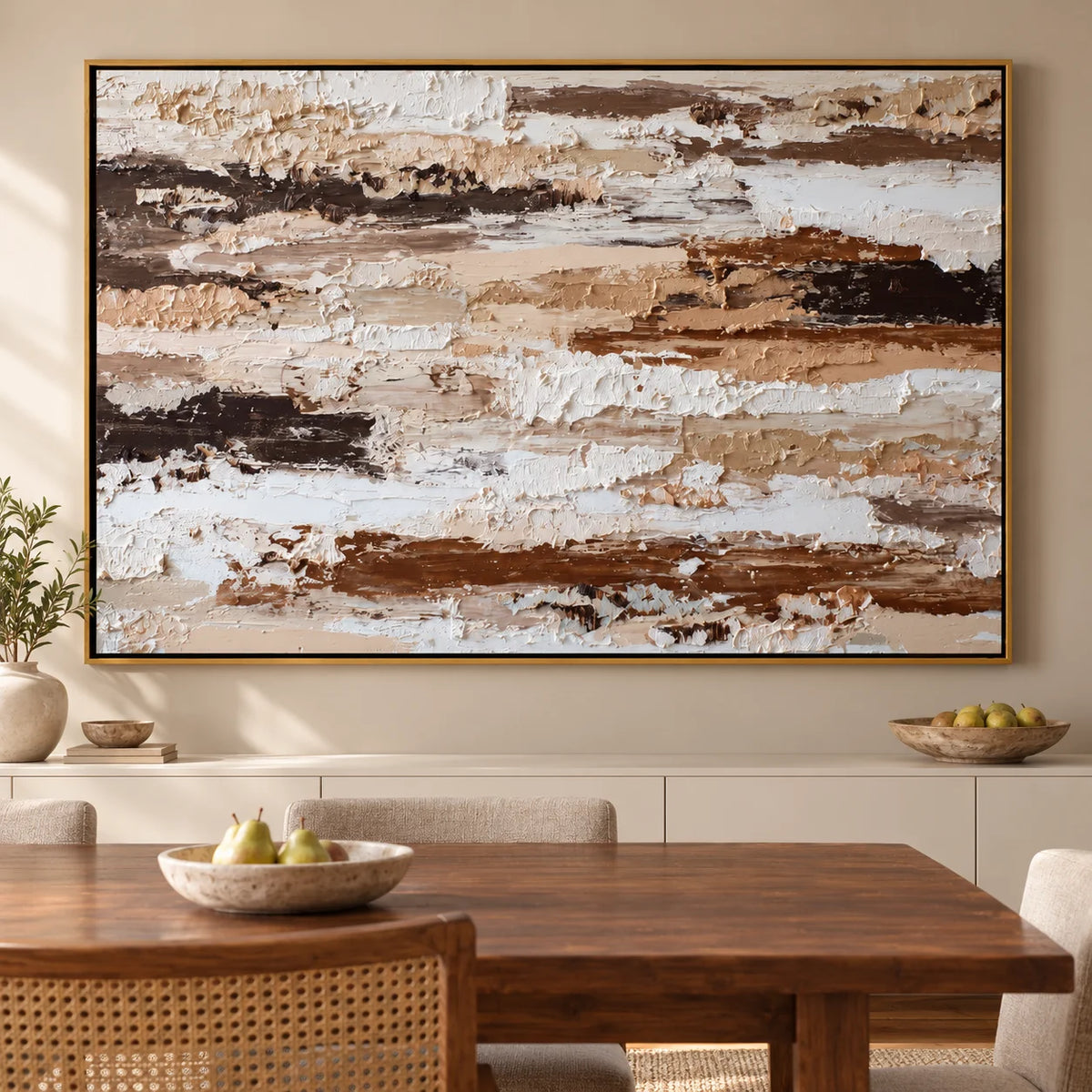 Large Horizontal Neutral Textured Wall Art – Brown and Beige Abstract Canvas for Modern Living Room Decor