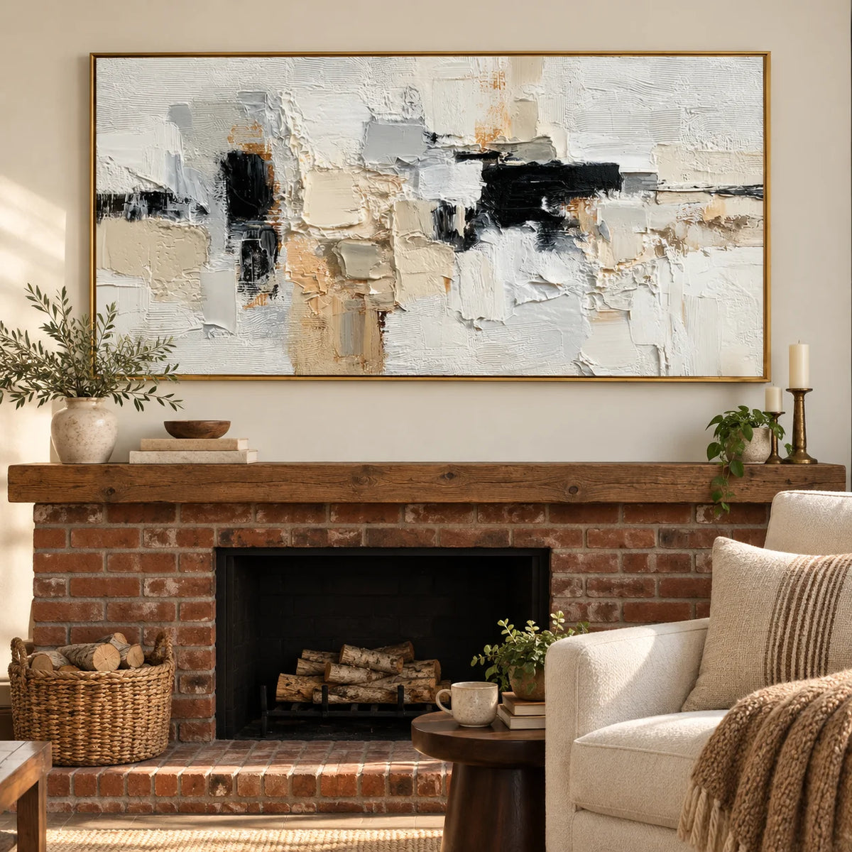 Large Neutral Abstract Canvas Wall Art – Textured Black White Beige Painting for Modern Living Room Decor
