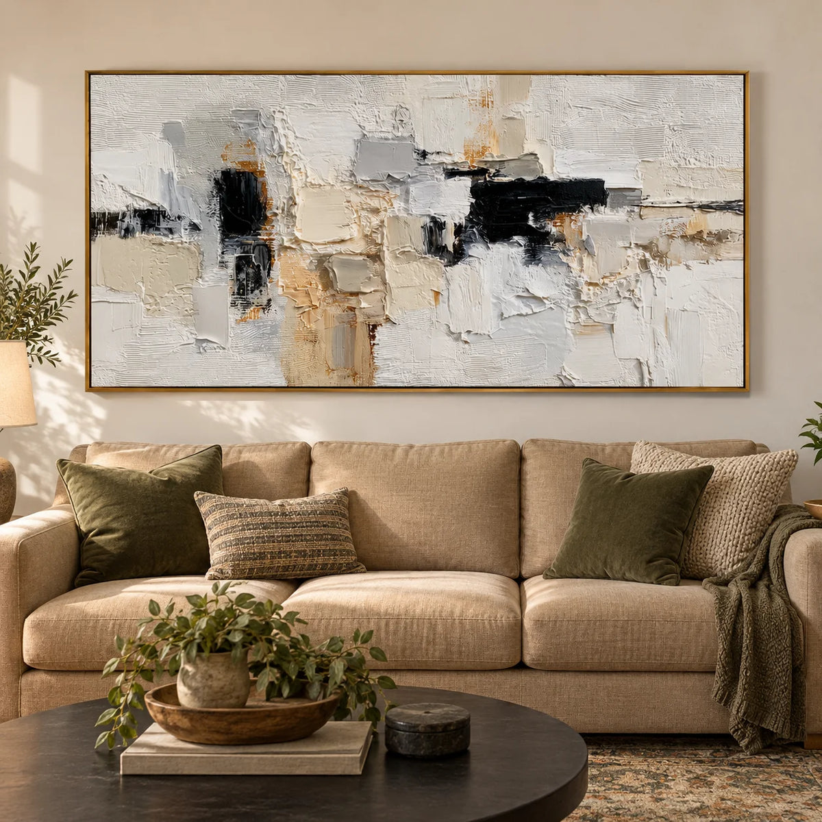 Large Neutral Abstract Canvas Wall Art – Textured Black White Beige Painting for Modern Living Room Decor