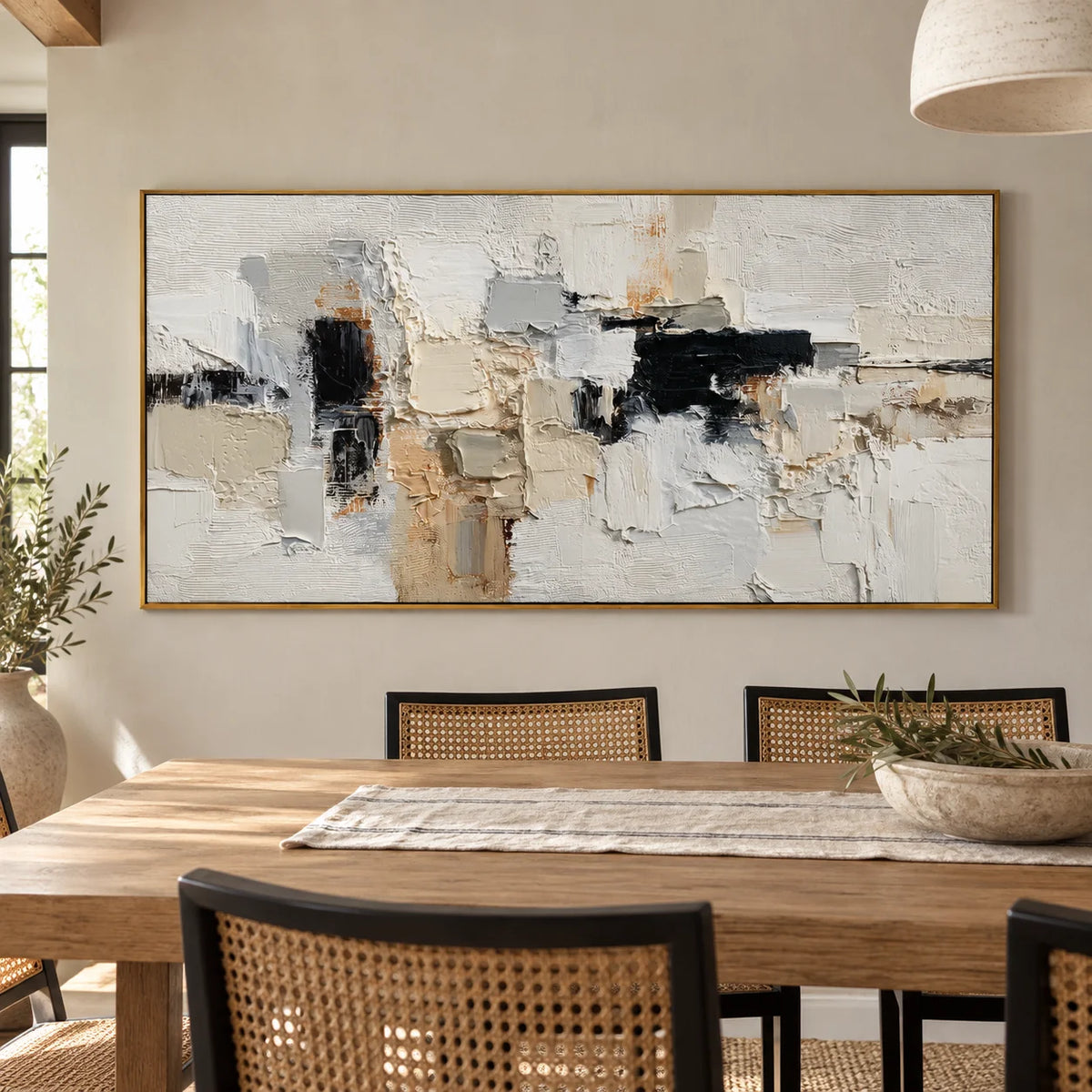 Large Neutral Abstract Canvas Wall Art – Textured Black White Beige Painting for Modern Living Room Decor