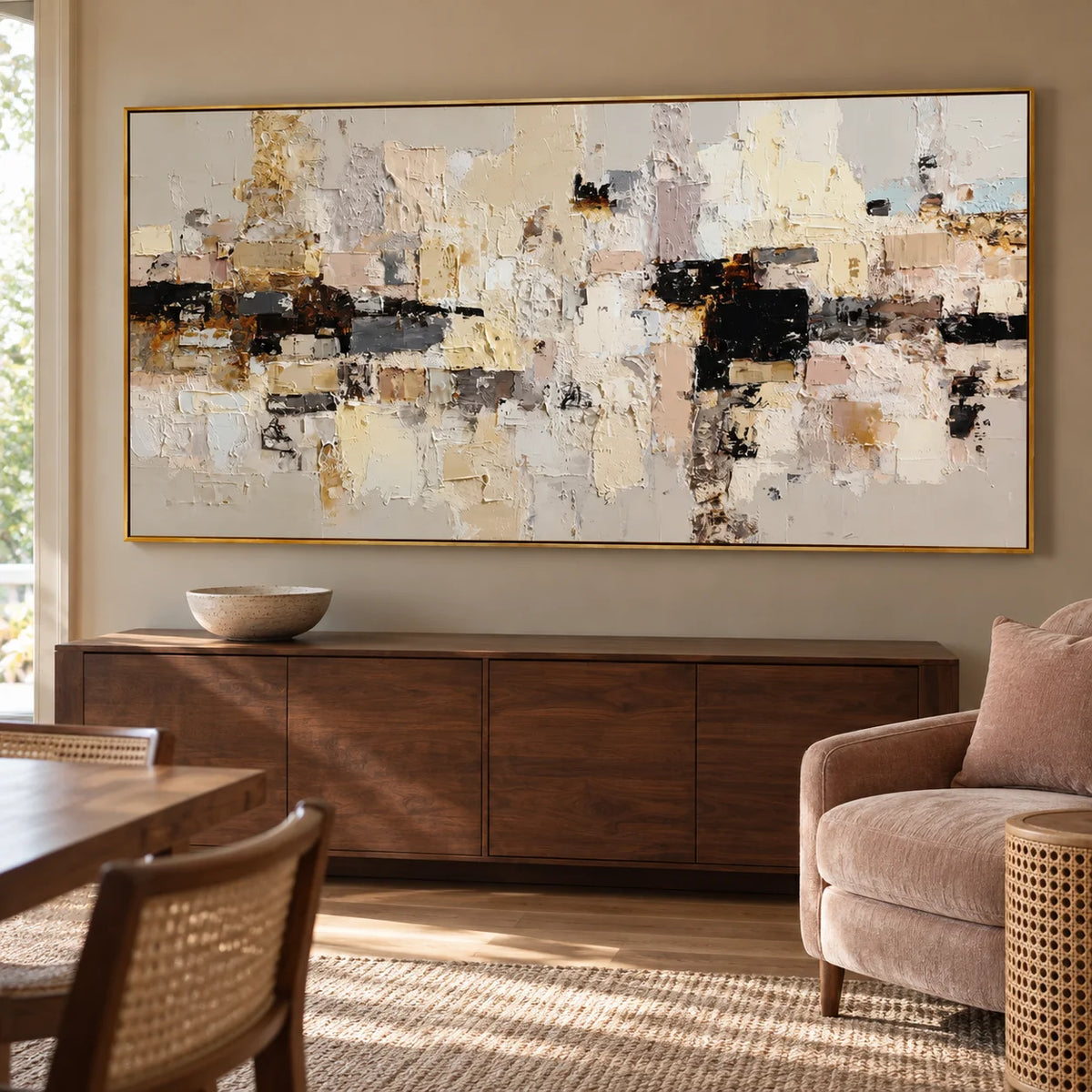 Large Neutral Textured Abstract Canvas Wall Art – Beige Cream Collage Painting for Modern Living Room Decor