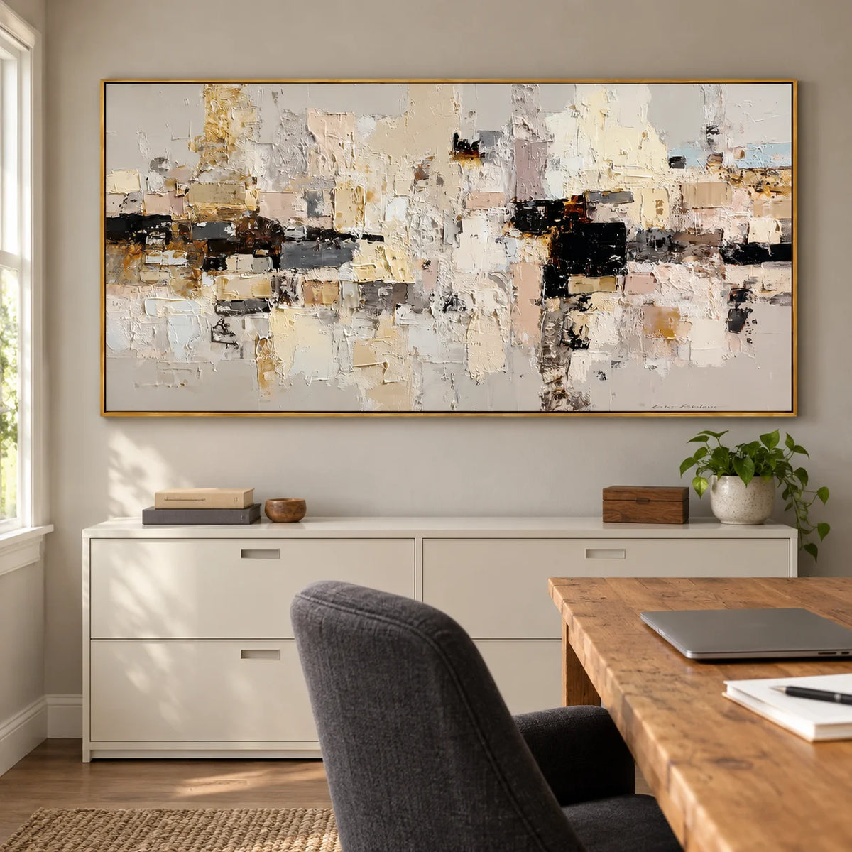 Large Neutral Textured Abstract Canvas Wall Art – Beige Cream Collage Painting for Modern Living Room Decor