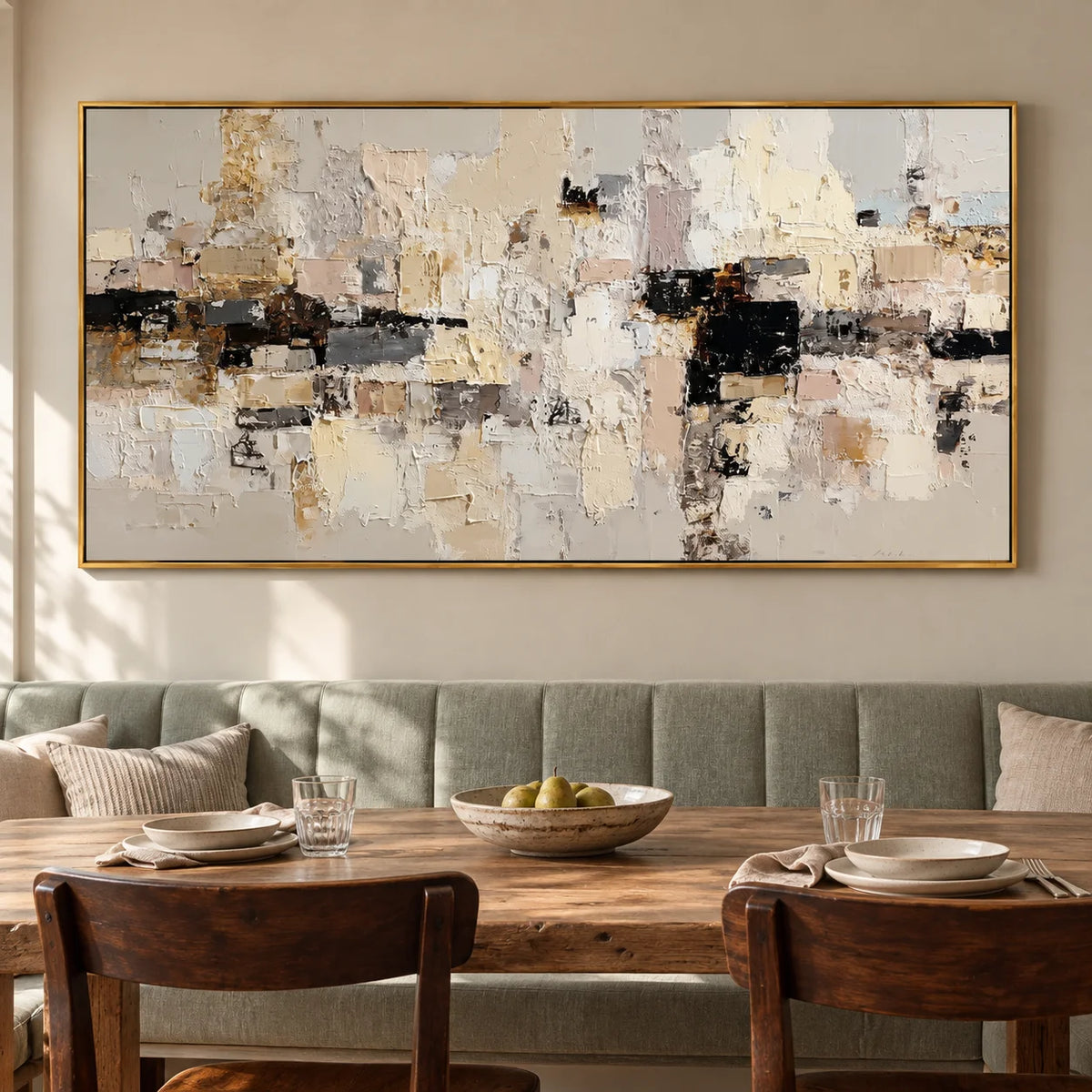 Large Neutral Textured Abstract Canvas Wall Art – Beige Cream Collage Painting for Modern Living Room Decor