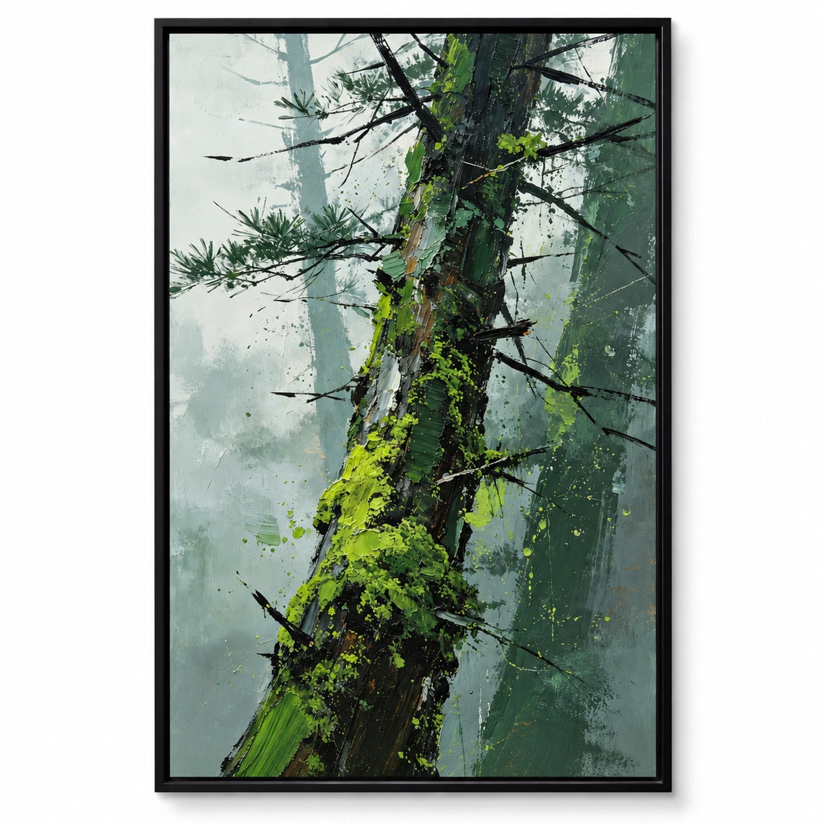 Leaning Pine Trunk Oil Painting | Green Moss Black Branches and Misty Grey Woodland Textured Vertical Wall Art OA 1744