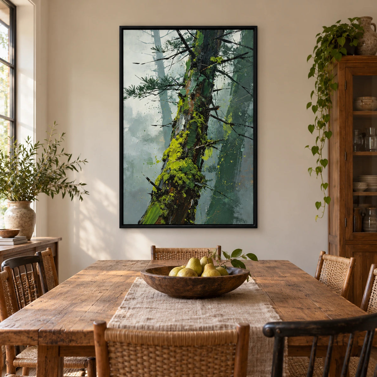 Leaning Pine Trunk Oil Painting | Green Moss Black Branches and Misty Grey Woodland Textured Vertical Wall Art OA 1744