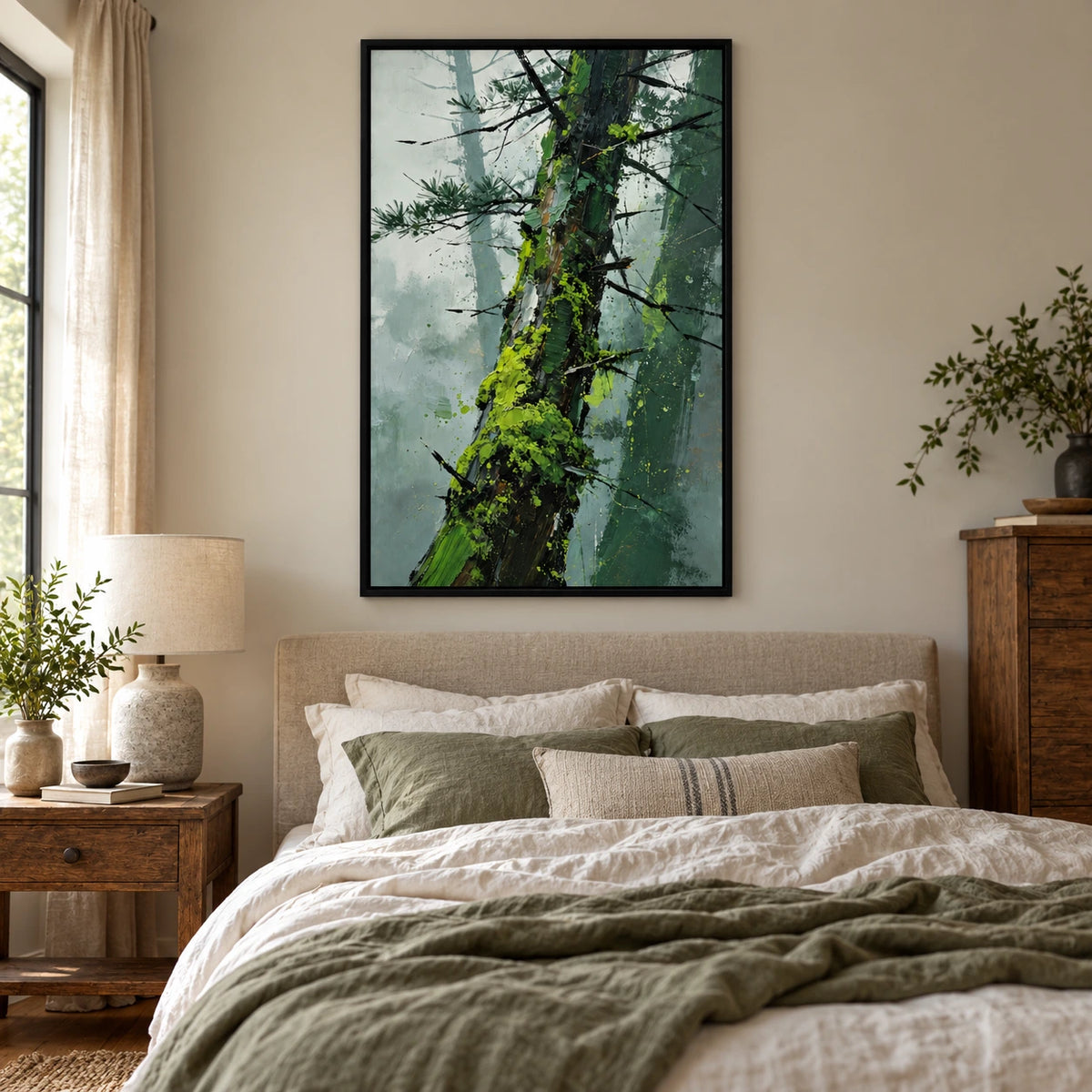 Leaning Pine Trunk Oil Painting | Green Moss Black Branches and Misty Grey Woodland Textured Vertical Wall Art OA 1744