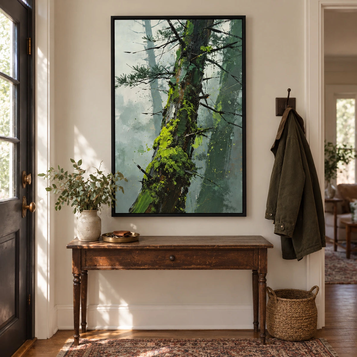 Leaning Pine Trunk Oil Painting | Green Moss Black Branches and Misty Grey Woodland Textured Vertical Wall Art OA 1744