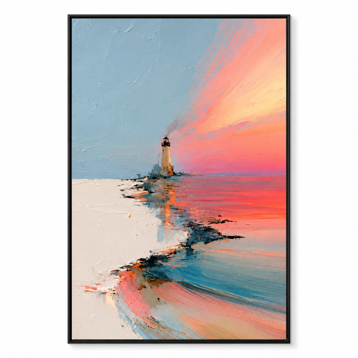 Lighthouse at Coral Sunset Oil Painting | Blue Pink and Ivory Textured Coastal Seascape Vertical Wall Art #OA 1644