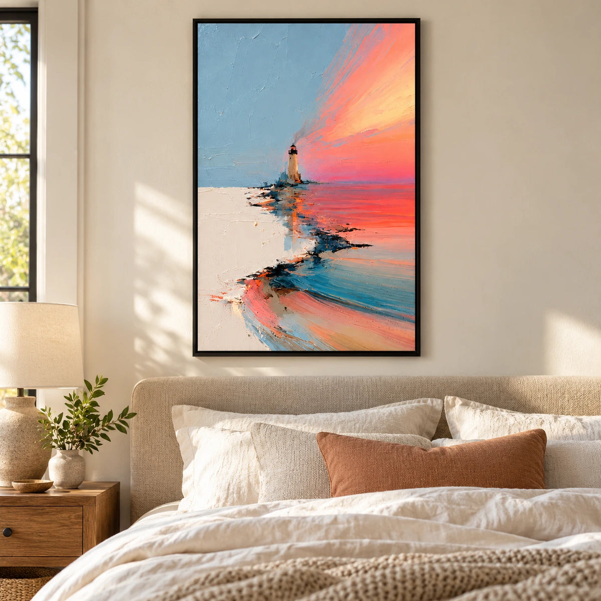 Lighthouse at Coral Sunset Oil Painting | Blue Pink and Ivory Textured Coastal Seascape Vertical Wall Art #OA 1644