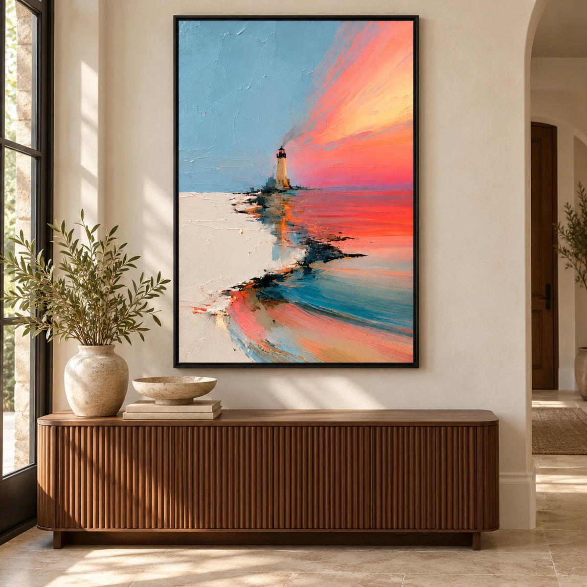 Lighthouse at Coral Sunset Oil Painting | Blue Pink and Ivory Textured Coastal Seascape Vertical Wall Art #OA 1644
