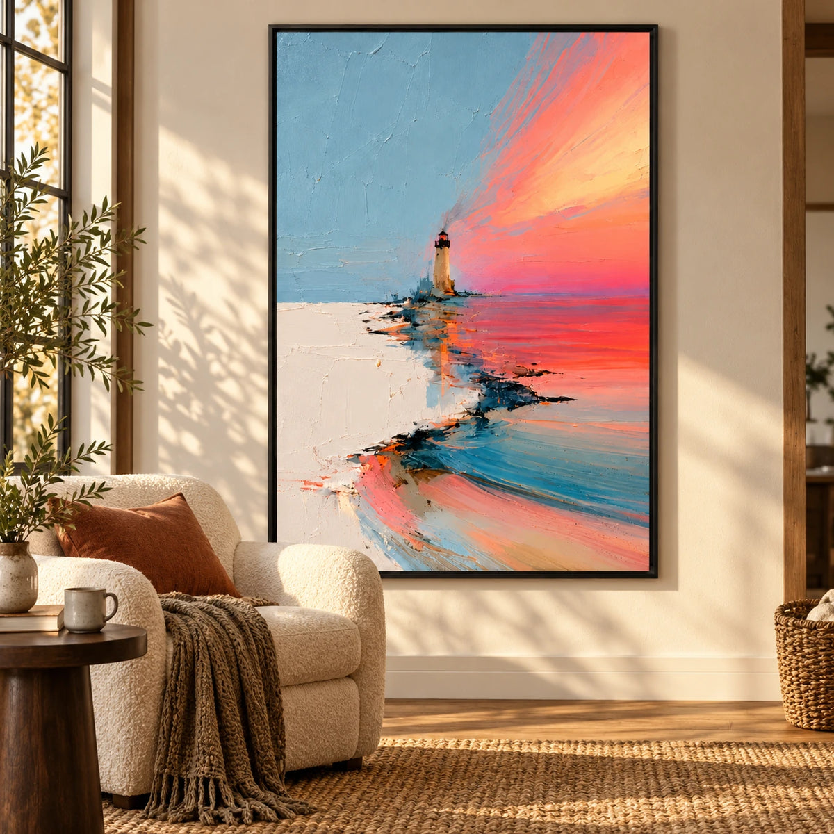 Lighthouse at Coral Sunset Oil Painting | Blue Pink and Ivory Textured Coastal Seascape Vertical Wall Art #OA 1644