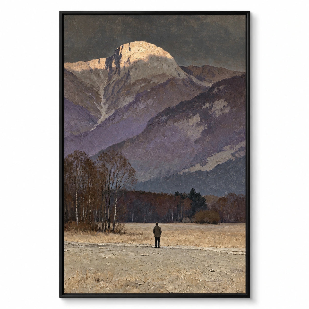 Lone Figure beneath Mountain Peak Oil Painting | Golden Summit Grey Sky and Autumn Meadow Vertical Landscape Wall Art #OA 1723