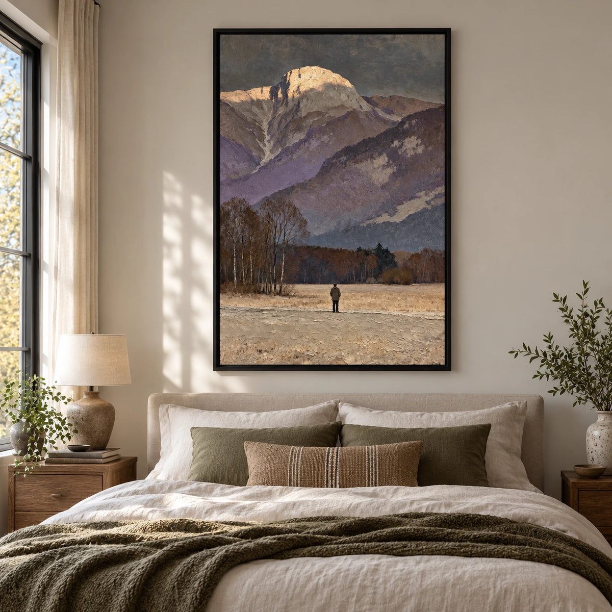 Lone Figure beneath Mountain Peak Oil Painting | Golden Summit Grey Sky and Autumn Meadow Vertical Landscape Wall Art #OA 1723