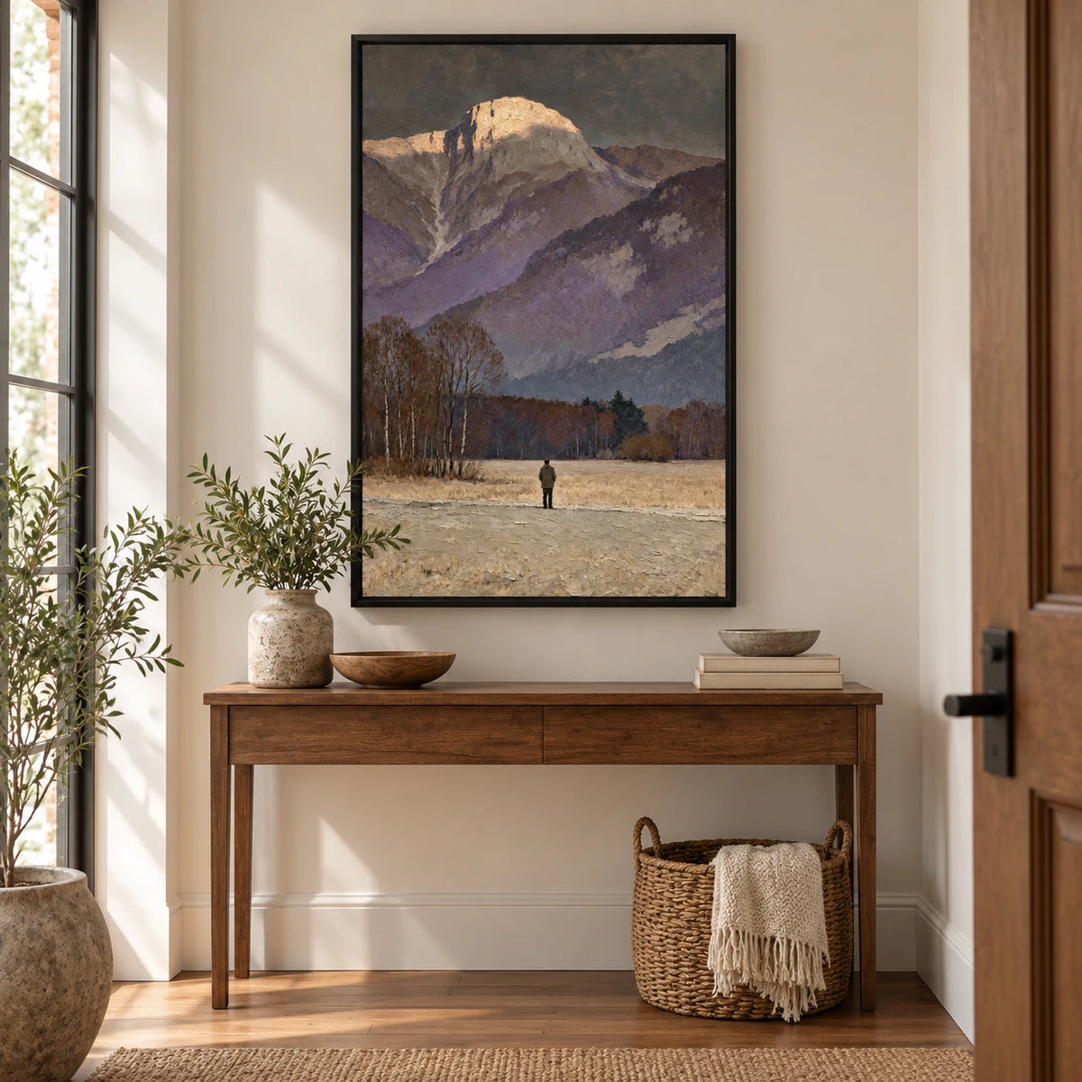 Lone Figure beneath Mountain Peak Oil Painting | Golden Summit Grey Sky and Autumn Meadow Vertical Landscape Wall Art #OA 1723