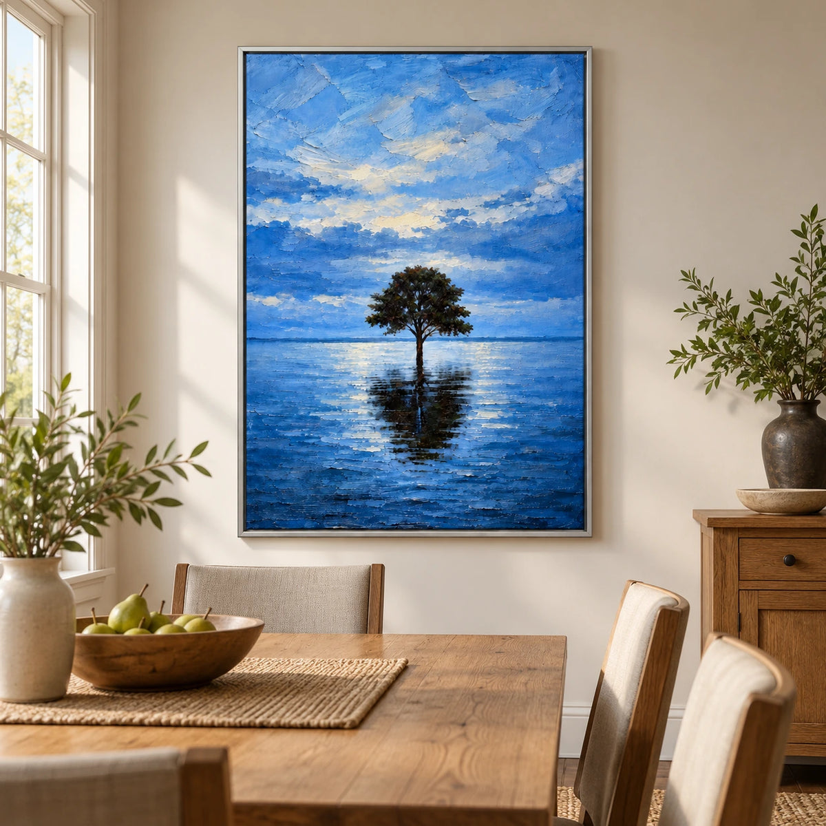 Lone Tree in Blue Water Oil Painting | Reflected Branches Cloudy Sky and Quiet Lake Textured Vertical Landscape Wall Art #OA 1730