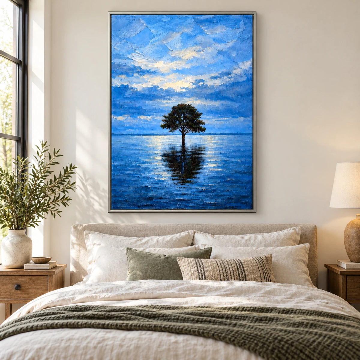 Lone Tree in Blue Water Oil Painting | Reflected Branches Cloudy Sky and Quiet Lake Textured Vertical Landscape Wall Art #OA 1730