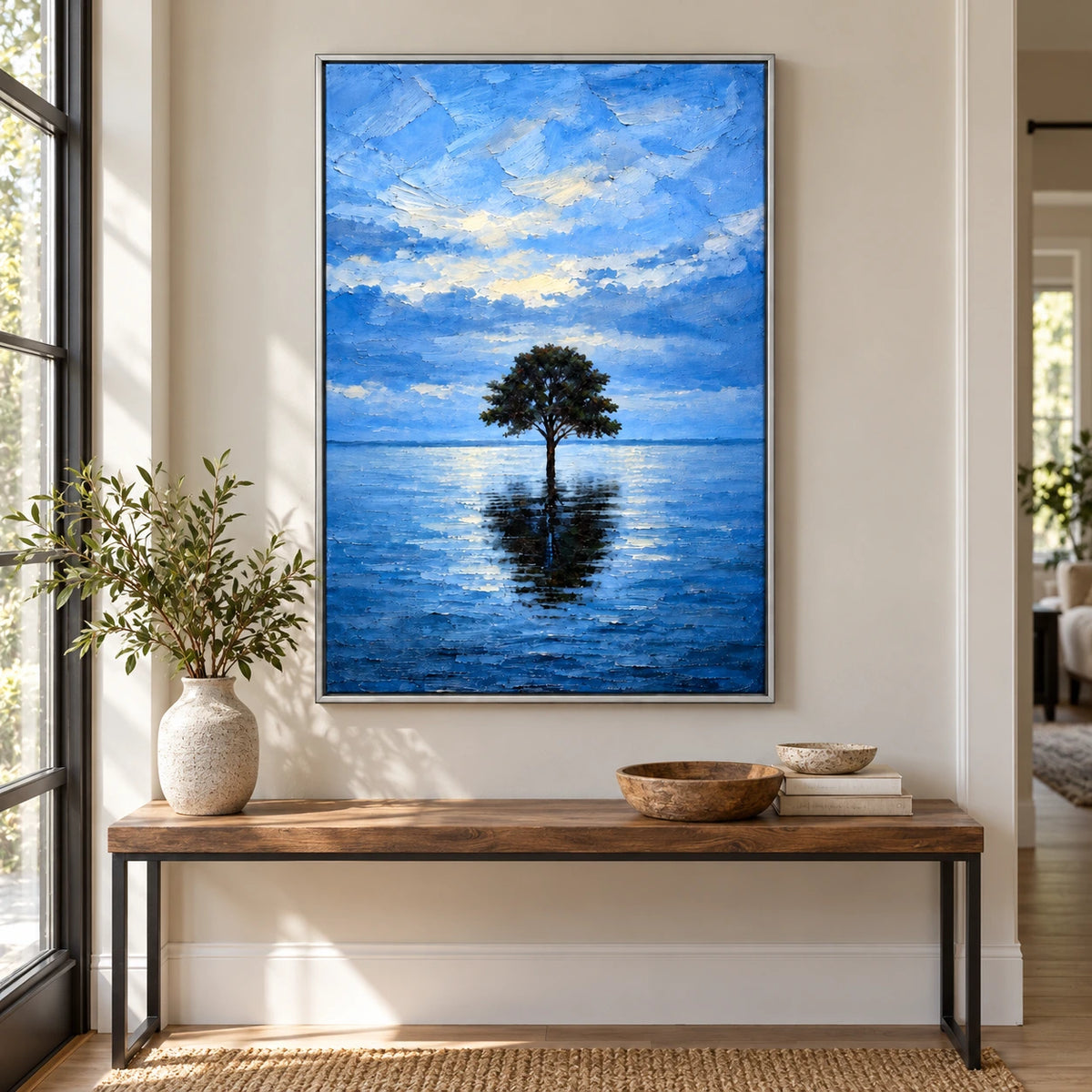 Lone Tree in Blue Water Oil Painting | Reflected Branches Cloudy Sky and Quiet Lake Textured Vertical Landscape Wall Art #OA 1730
