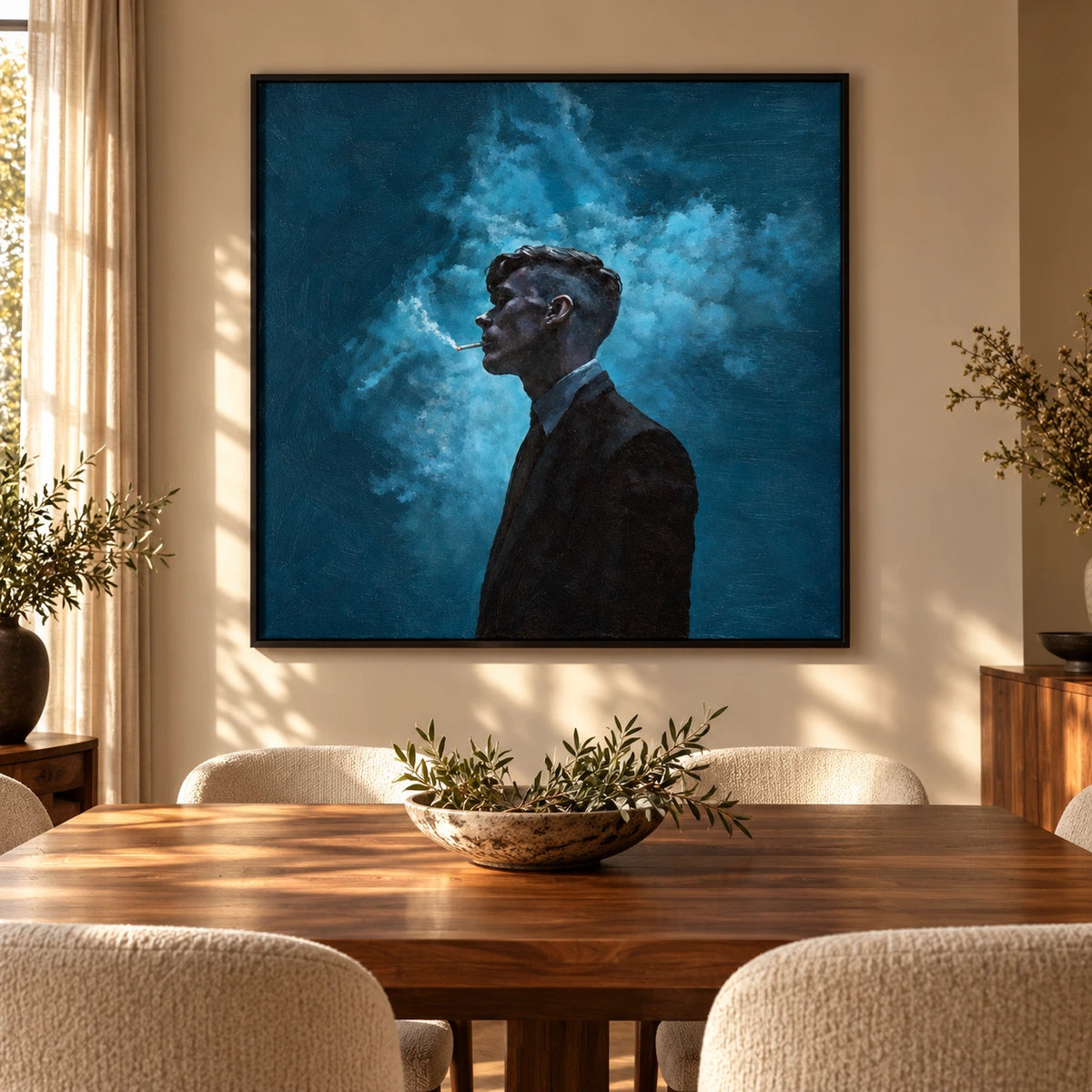 Man in Black Suit with Blue Smoke Oil Painting | Moody Textured Profile Portrait Square Wall Art #OA 1648