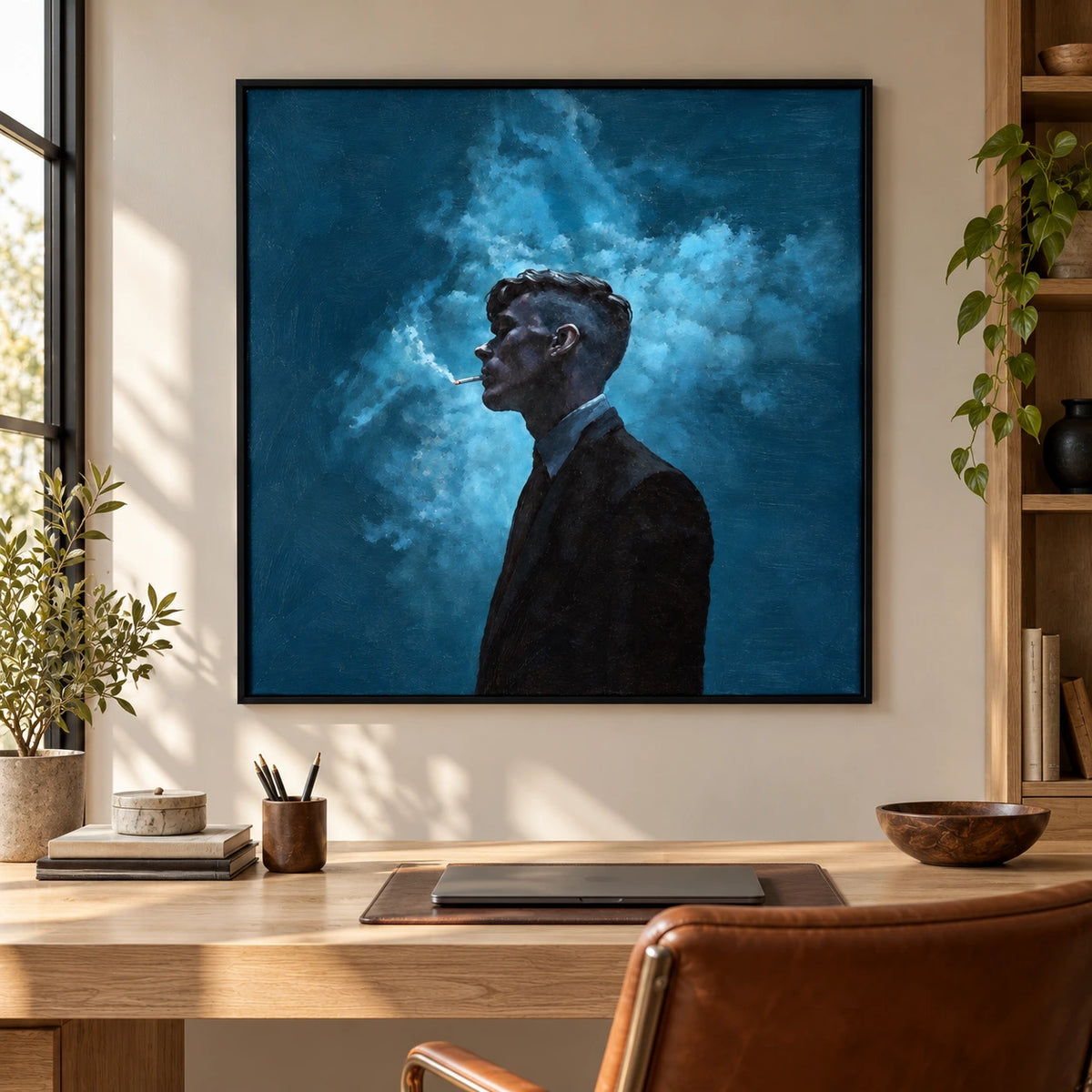 Man in Black Suit with Blue Smoke Oil Painting | Moody Textured Profile Portrait Square Wall Art #OA 1648