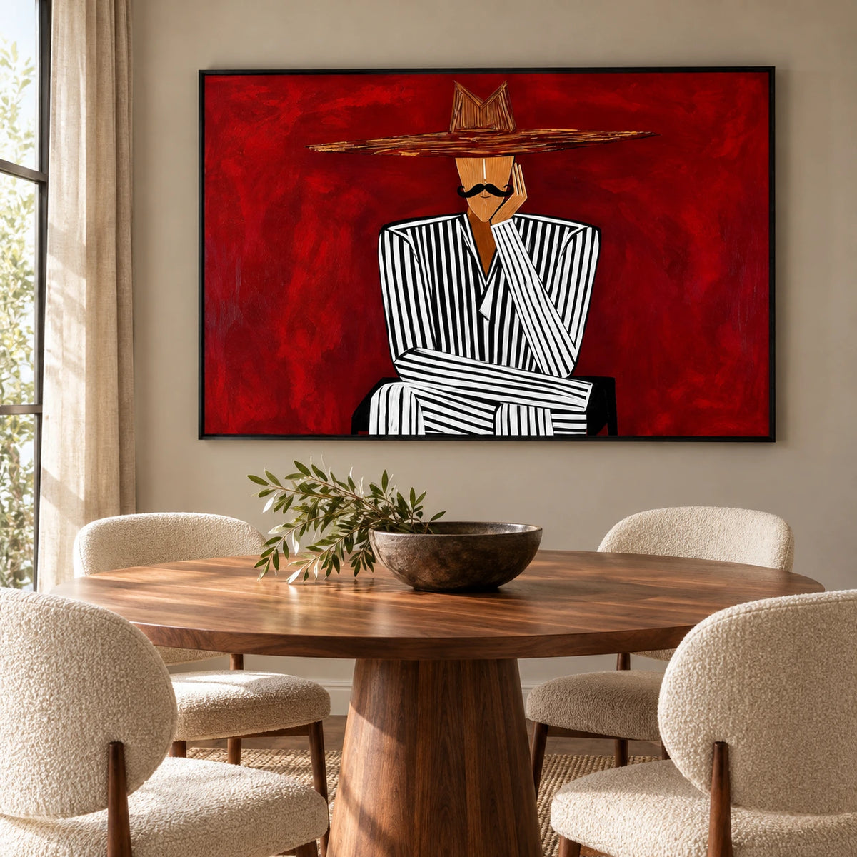 Man in Black and White Striped Suit Oil Painting | Wide Brim Hat Portrait on Red Horizontal Wall Art #OA 1640
