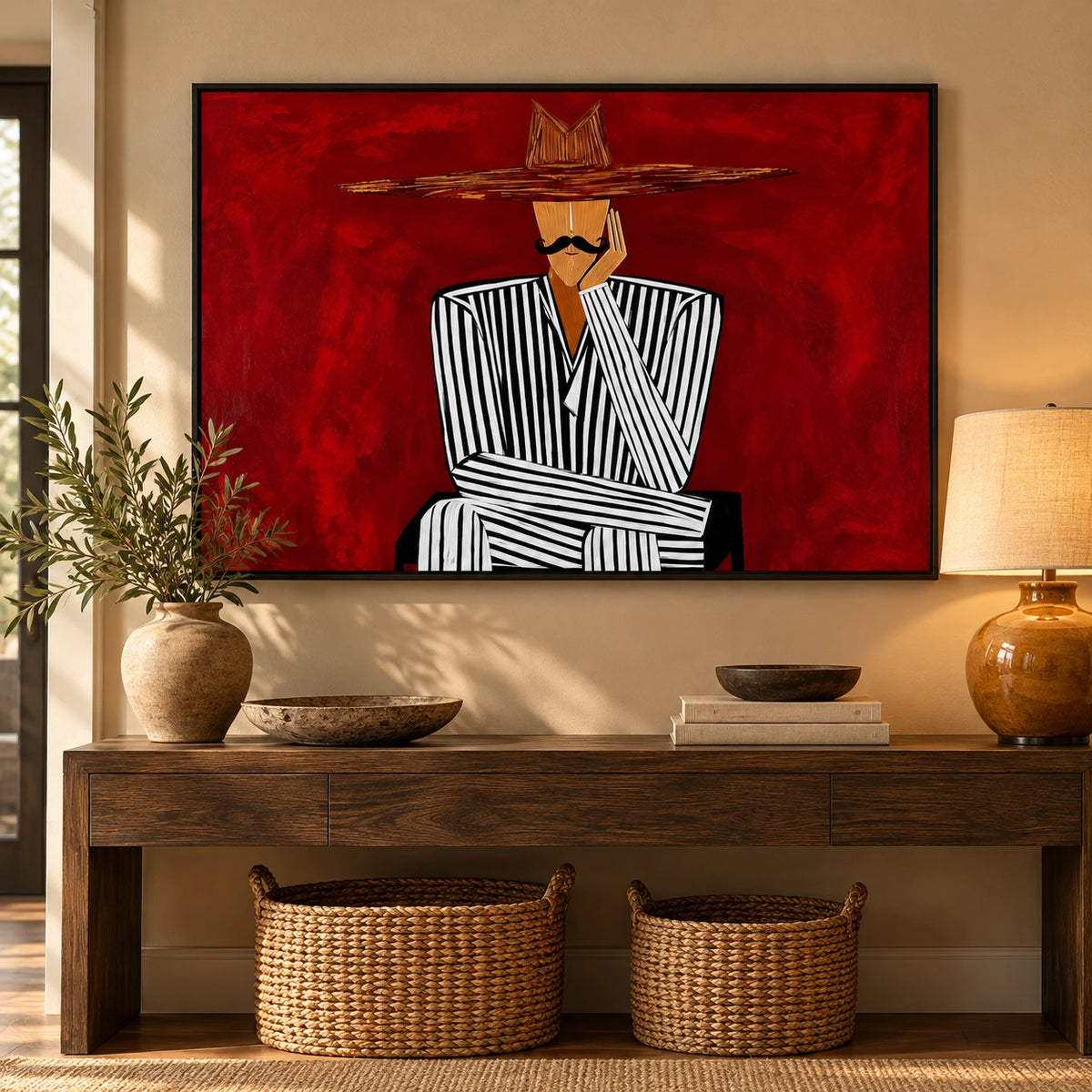 Man in Black and White Striped Suit Oil Painting | Wide Brim Hat Portrait on Red Horizontal Wall Art #OA 1640