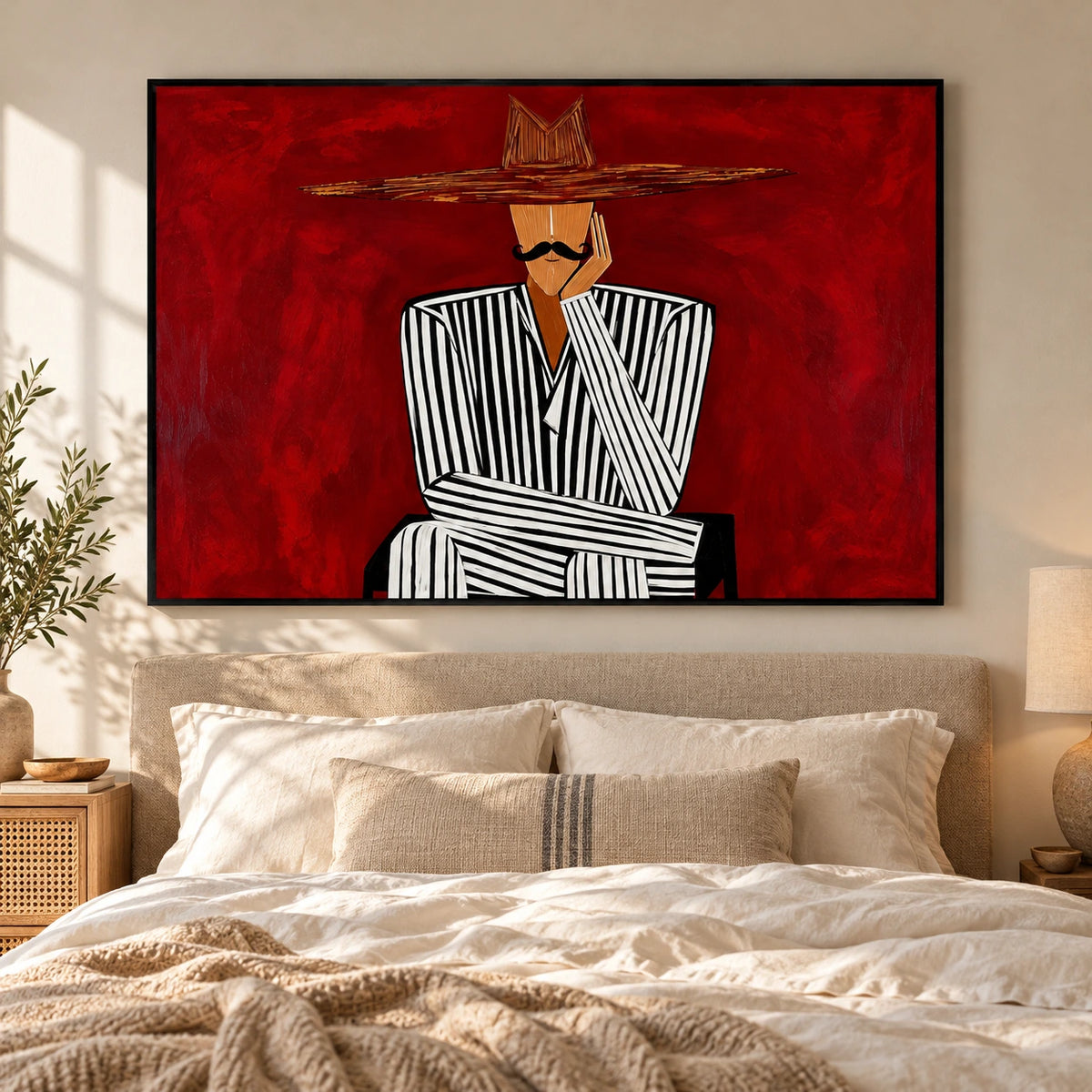 Man in Black and White Striped Suit Oil Painting | Wide Brim Hat Portrait on Red Horizontal Wall Art #OA 1640