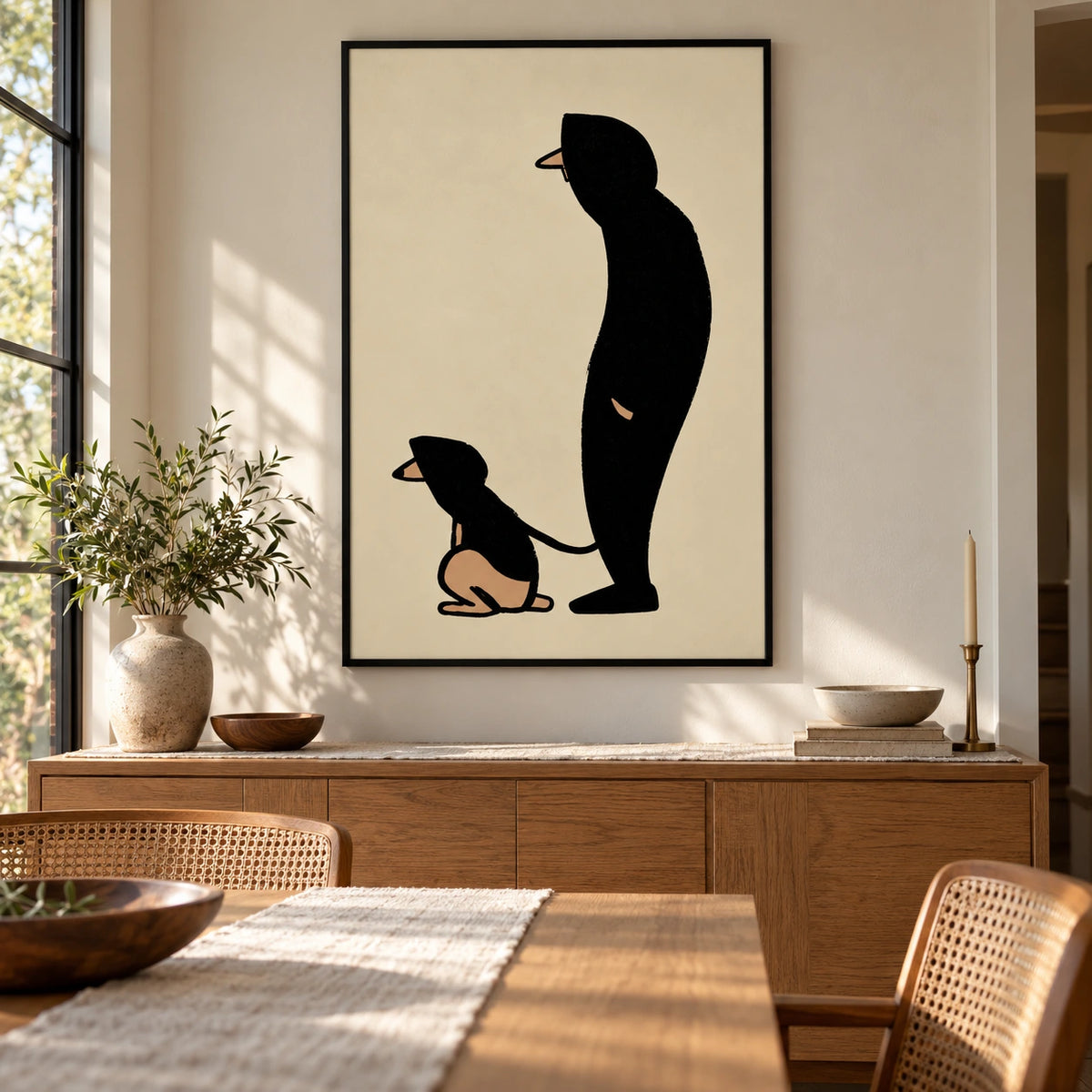 Man and Dog Silhouette Oil Painting | Minimalist Black and Beige Figurative Wall Art #OA 1614