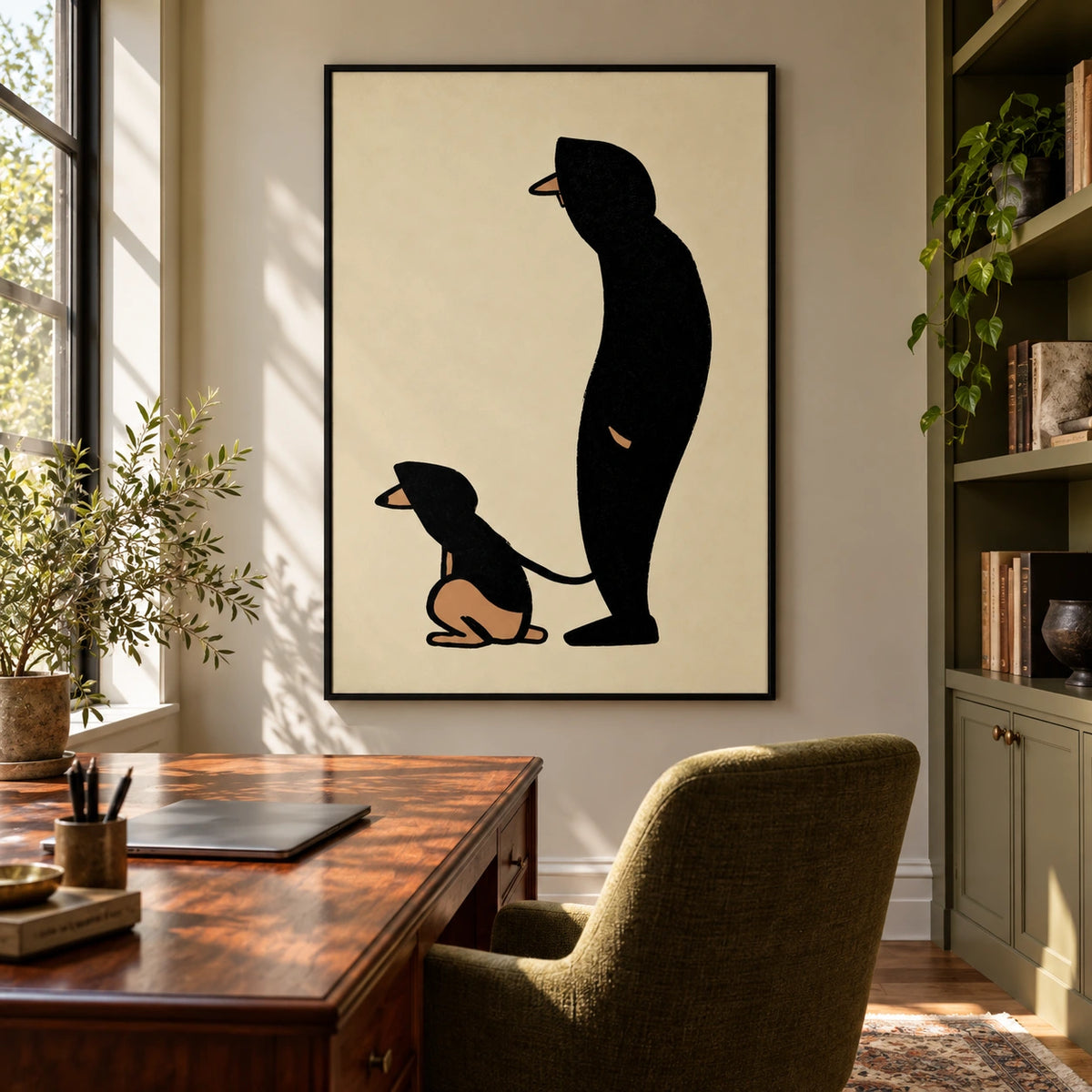 Man and Dog Silhouette Oil Painting | Minimalist Black and Beige Figurative Wall Art #OA 1614